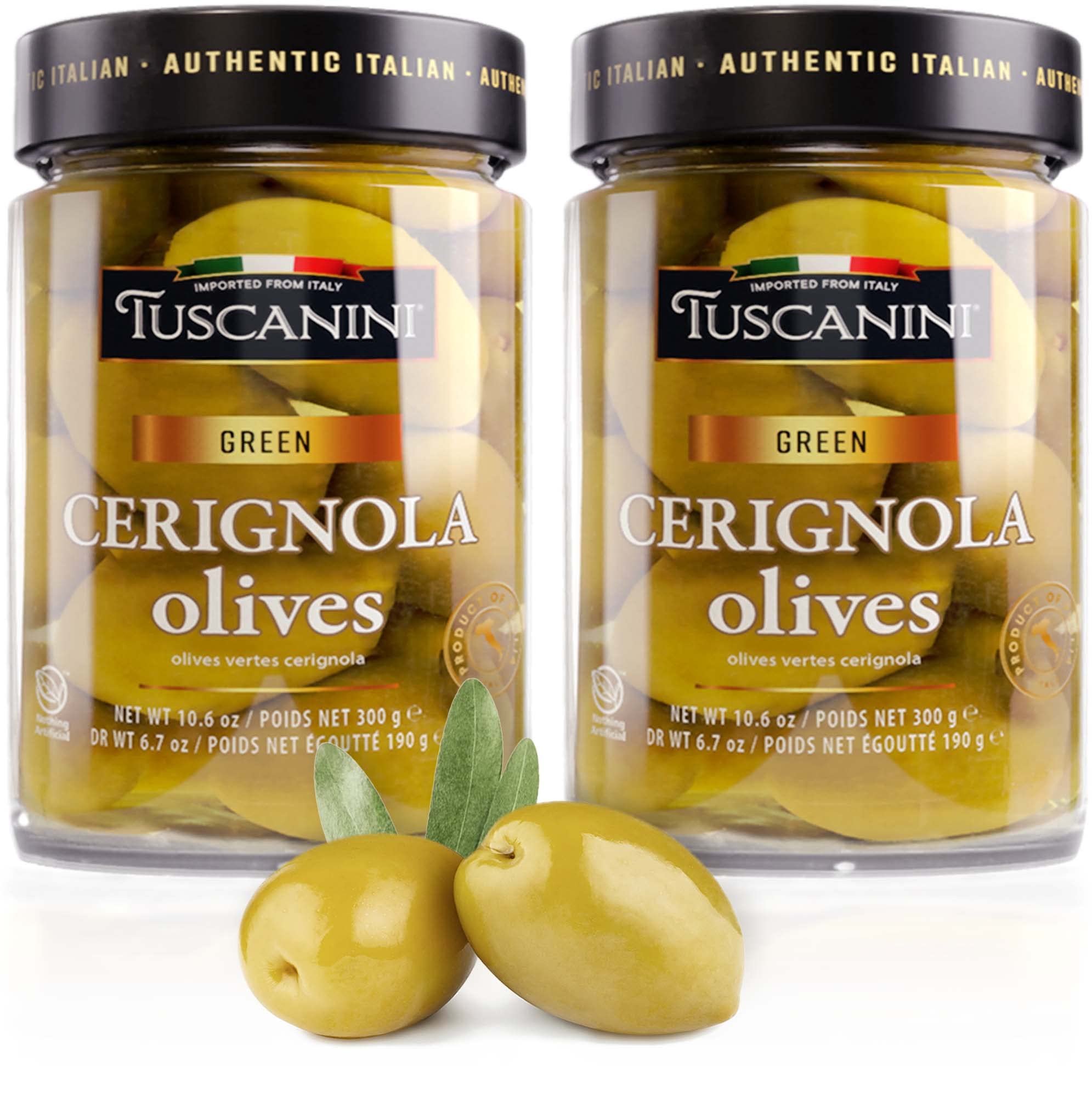 Tuscanini Premium Italian Cerignola Whole Green Jumbo Olives, 10.9oz (2 Pack) | Mild & Smooth Flavor | Imported from Italy | Kosher