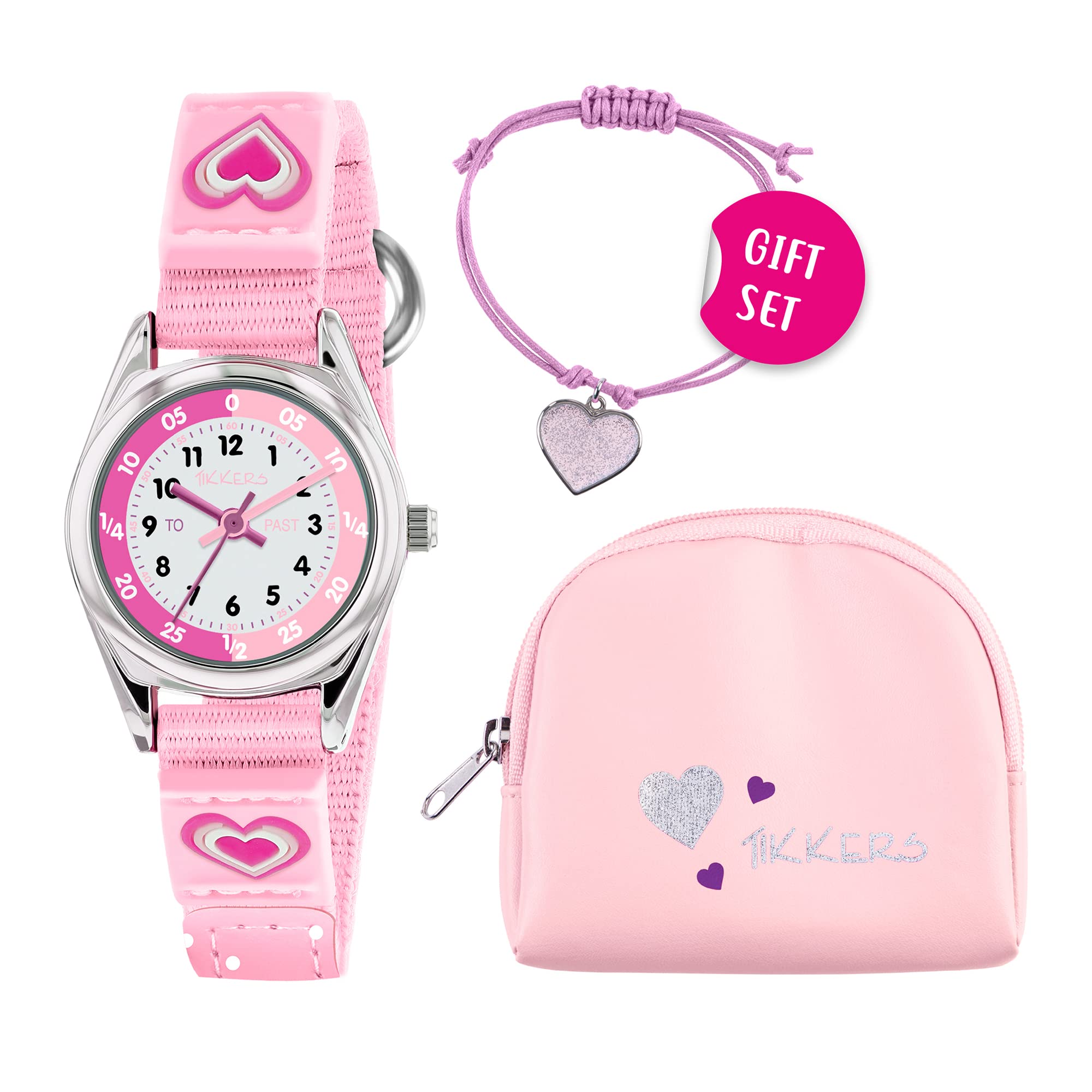 Tikkers Girls Pink Canvas Rip Strap Heart Watch, Purse and Bracelet Set