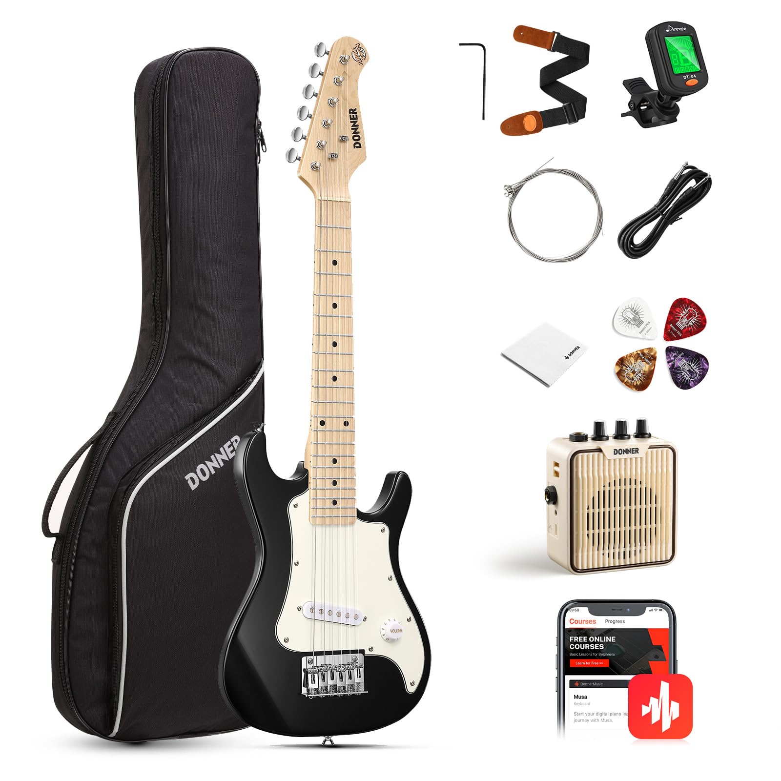 Donner 30 Inch Kids Electric Guitar Beginner Kit Junior ST Style Mini Guitar Premium Bundle with Amp, Tuner, Capo, Bag, Strap, String, Cable (DSJ-100, Black)