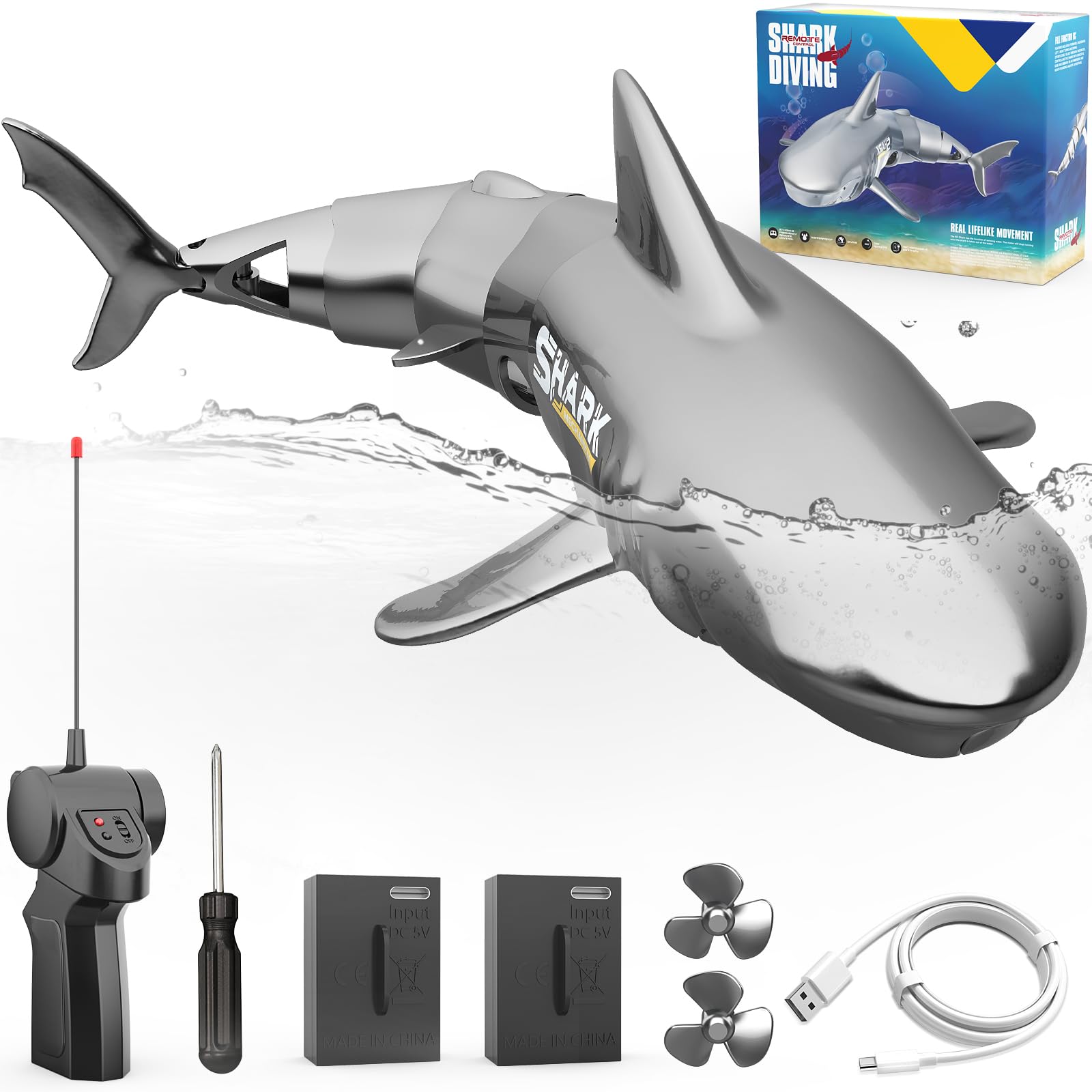 Remote Control Diving Shark Toy, 2024 New Mini High Simulation RC Shark Toys for Swimming Pool Fishbowl, RC Boat Toys Birthday Gifts for 6+ Year Old Kids Boys(Grey)