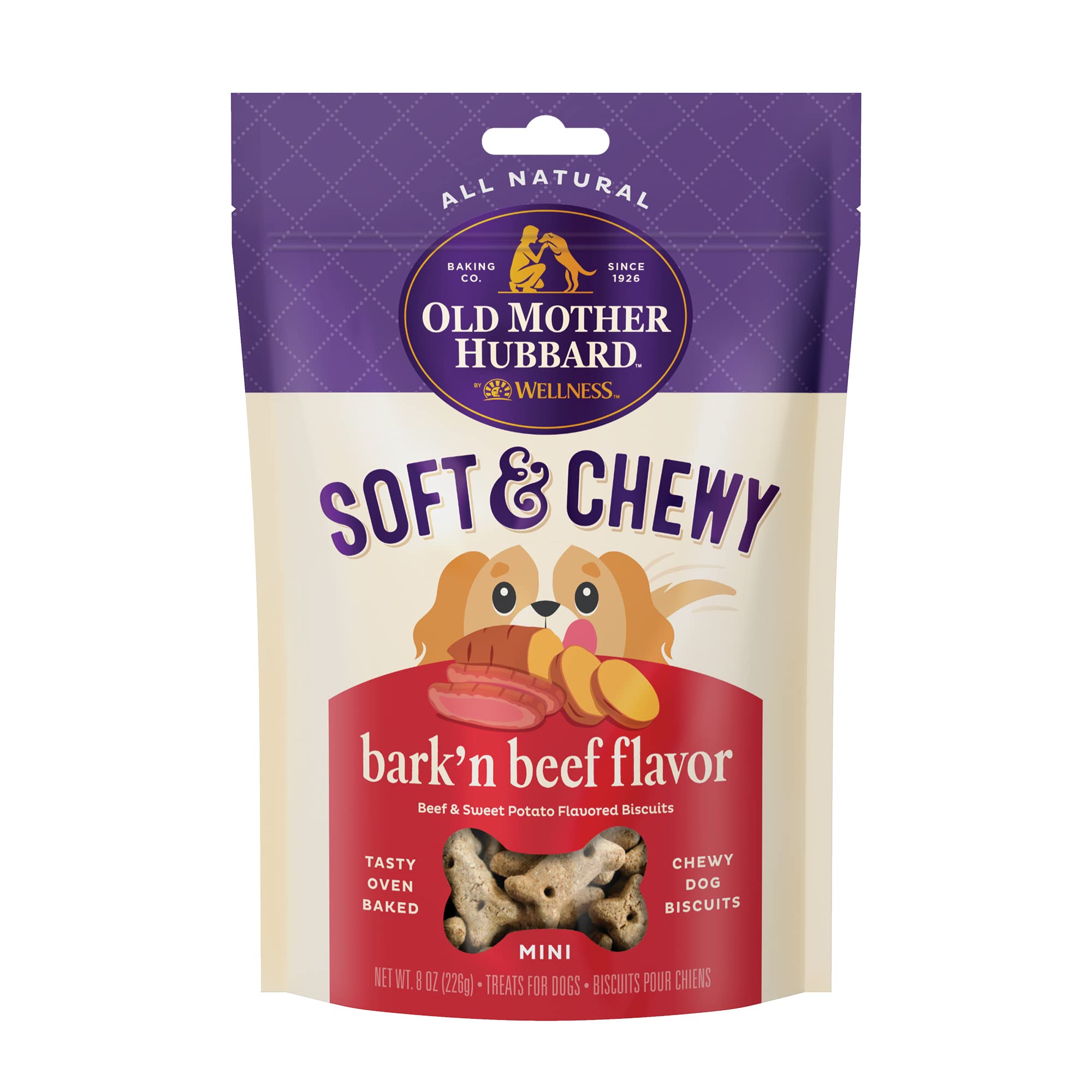 Old Mother HubbardWellness Soft & Chewy Beef & Sweet Potato Natural Dog Treats, Crunchy Oven-Baked Biscuits, Ideal for Training, Mini Size, 8 Ounce Bag