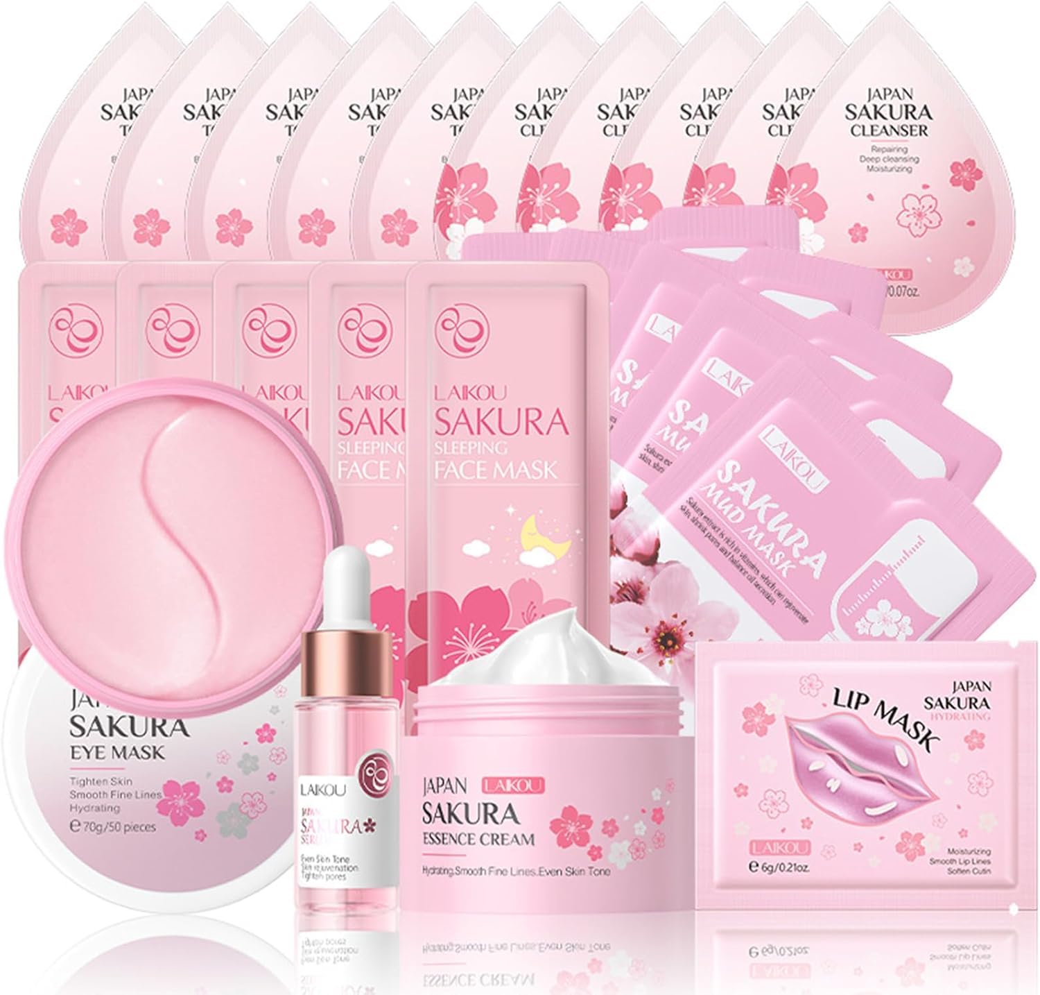 Sakura Skin Care Sets & Kits, Skin Care For Teenage Girls, Skin Care Set For Pamper Teenage Girls Gifts,Facial Kit,Skincare Set,Cleanser,Toner,Serum,Cream,Mud Mask,Eye Mask,Lip Mask,Sleep Mask(24PCS)