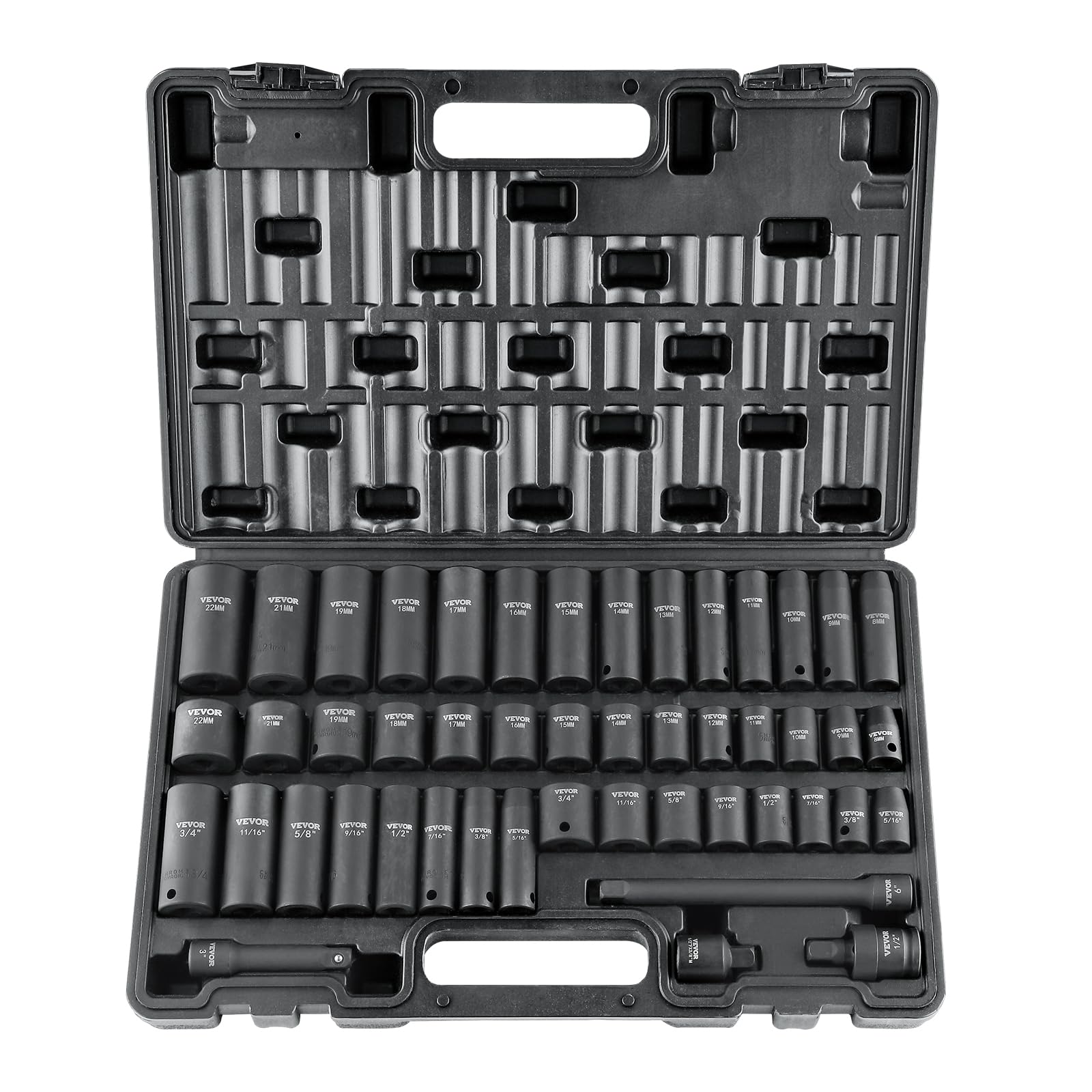 VEVOR3/8" Drive Impact Socket Set, 48 Piece Socket Set SAE 5/16" -3/4" and Metric 8-22mm, 6 Point Cr-V Alloy Steel for Auto Repair, Easy-to-Read Markings, Rugged Construction, Includes Storage Case