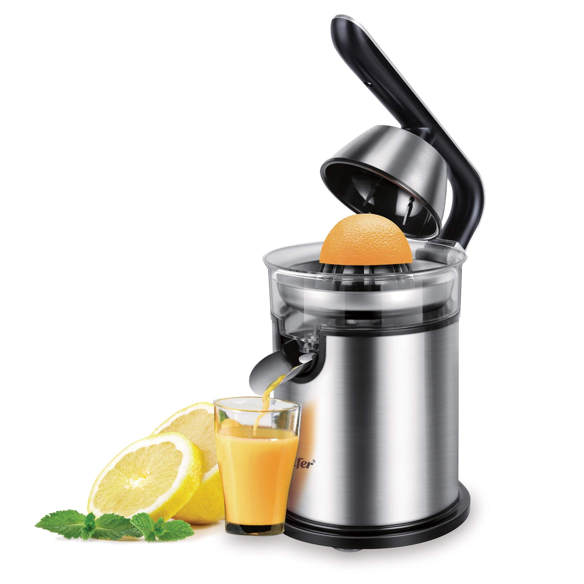 NNDQ Stainless Steel 300 Watts Electric Orange Juicer Squeezer, Hands-Free Electric Citrus Juicer, Easy Use, Ultra Quiet Motor and Anti-Drip Spout