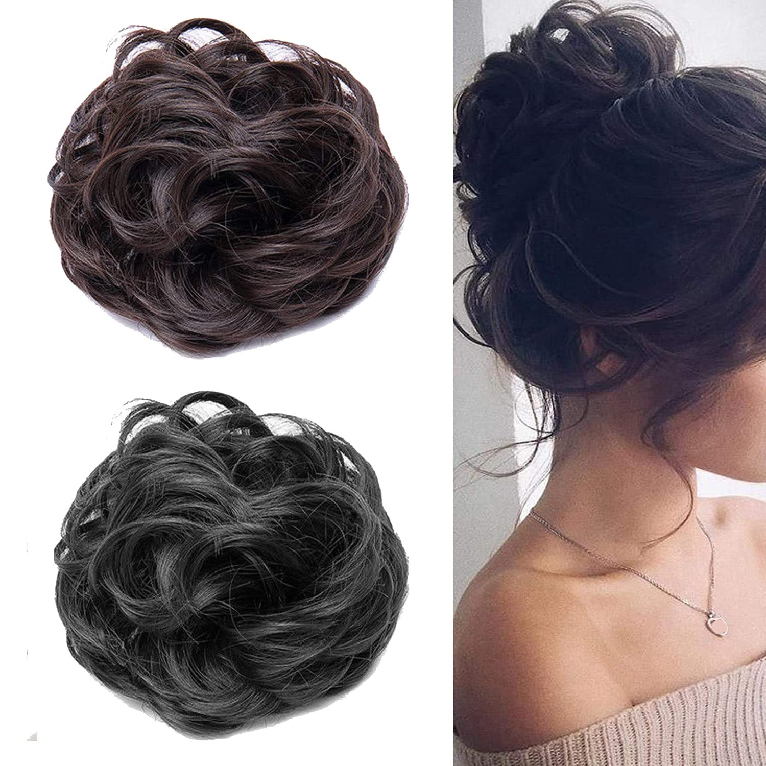 Khodal Villa Combo of 2 Pcs(Black and Brown) Messy Hair Buns For Women Synthetic Hair Extension For Instant Hair Style