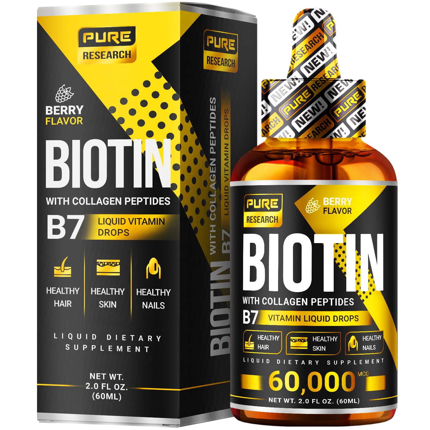 PURE RESEARCH Liquid Biotin & Collagen Hair Growth Drops 60,000mcg - Biotin and Liquid Collagen Supplement for Men & Women - Glowing Skin Support, Healthy Hair & Nail Growth - 2oz