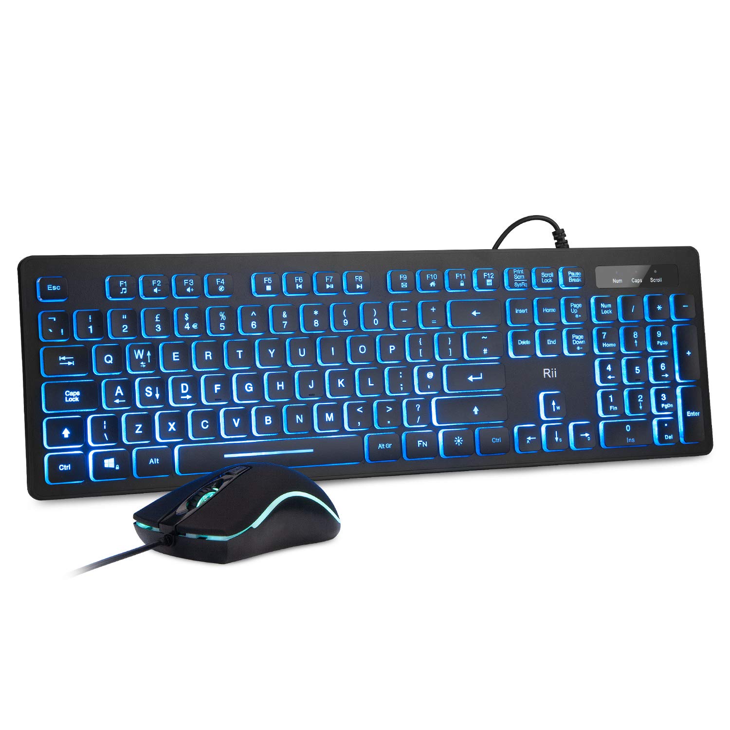 RiiWired keyboard and mouse, RK105 USB Keyboard and Mouse with Backlit(White Green Blue) for Office Home Business-Full Size Standard UK Layout