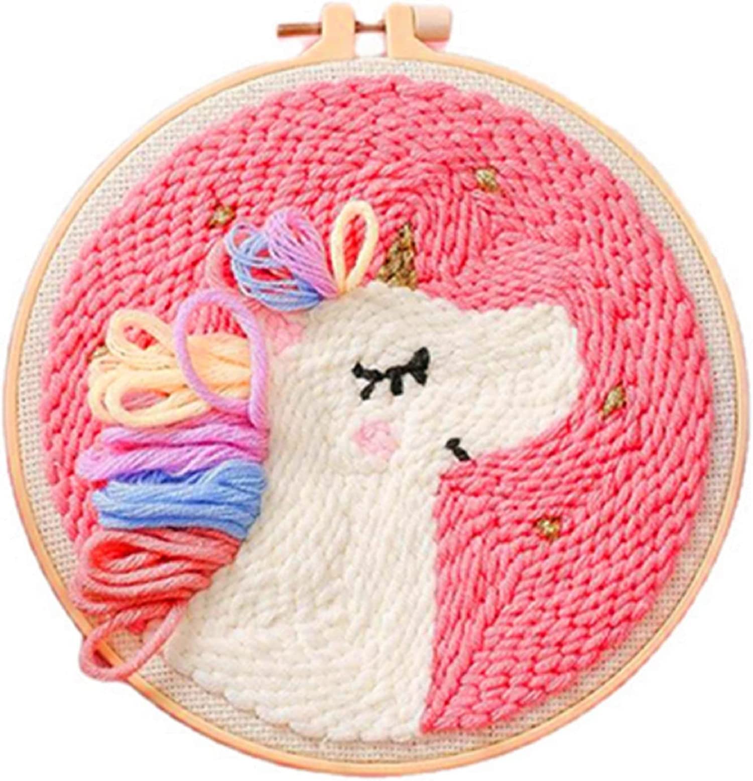 Punch Needle Embroidery Starter Kits, Punch Needle Kits Threader Fabric Embroidery, Cartoon Rug Hooking Beginner Kit with Pattern, Yarns, Embroidery Hoops for Rug-Punch&Pinch Needle-Rainbow Horse