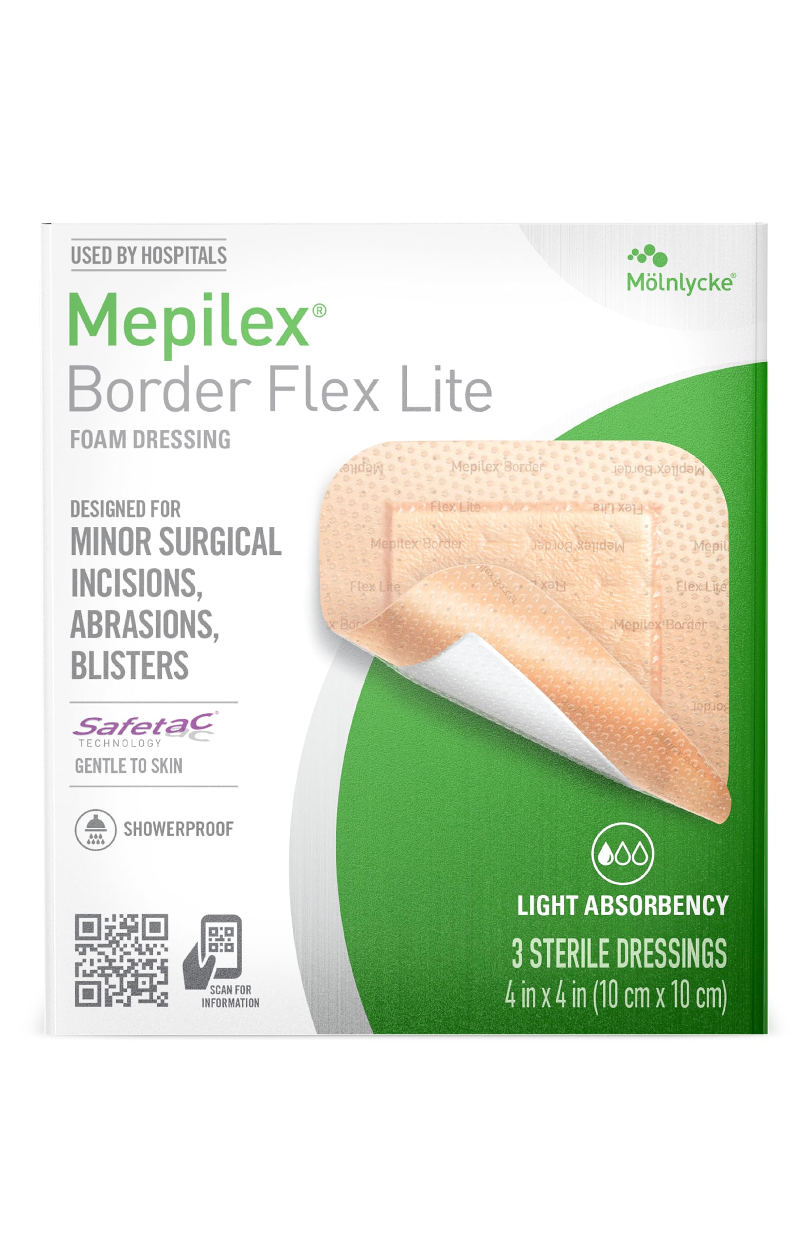 Mepilex Border Flex Lite 4x4 in (10x10 cm) Hospital Grade Dressings for Minor Surgical Incisions, Abrasions and Blisters for up to Several Day Use