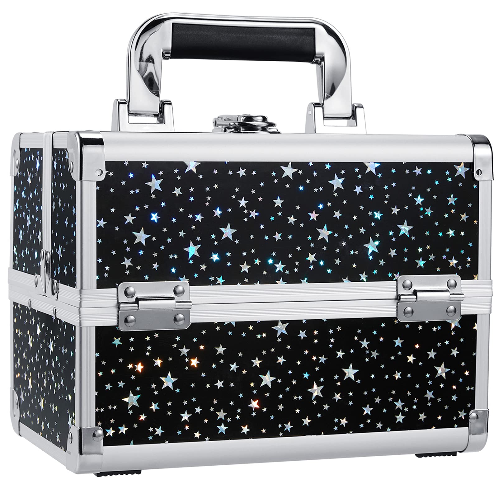 Joligrace Makeup Box Vanity Case Cosmetic Organiser Box Beauty Storage Train Case with Mirror, Lockable with Keys, Black Holographic Star