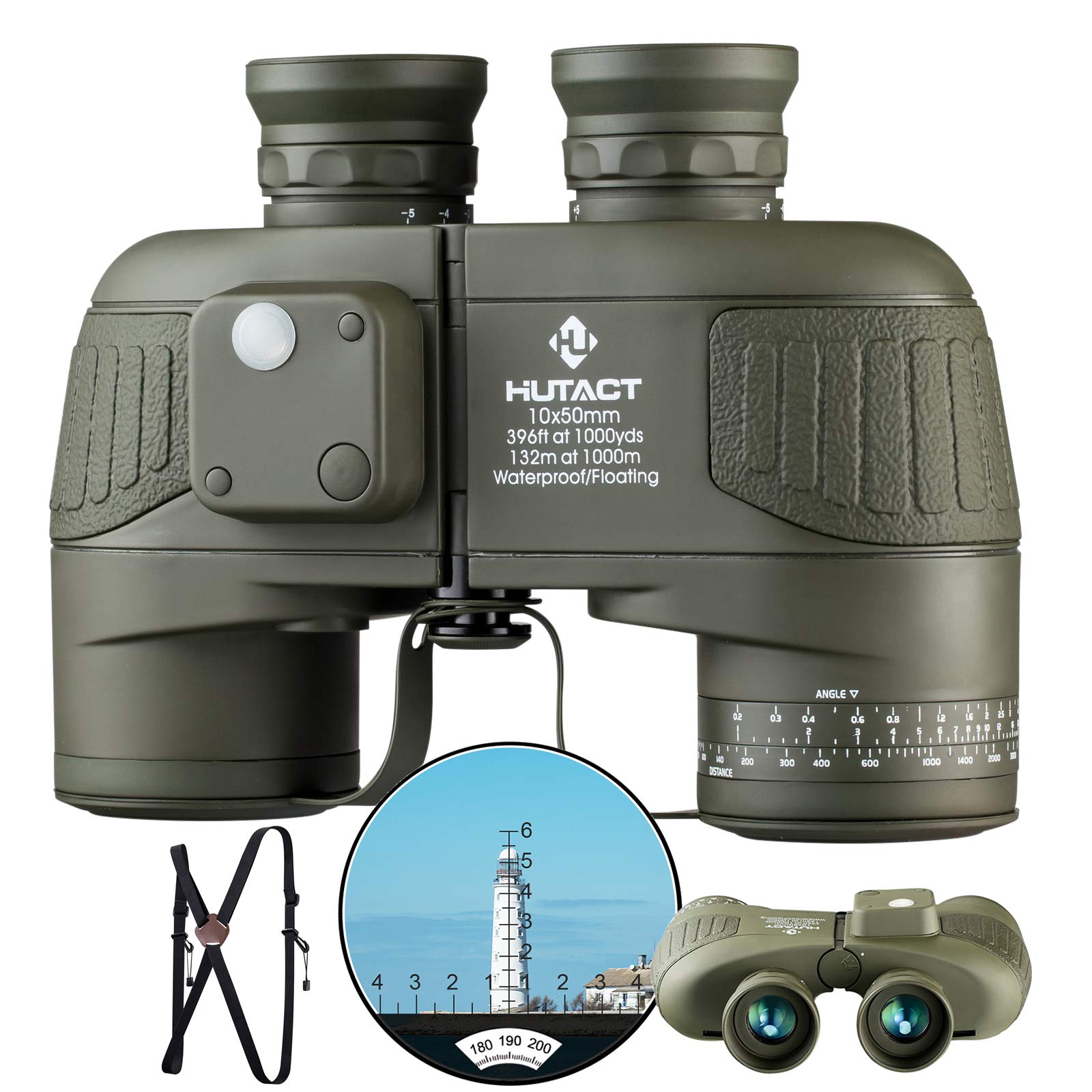 HUTACT10x50 Powerful Adult Binoculars Compact with Illuminated Rangefinder and Compass for Low Light Vision, Bird Watching, Boating, Safari and Hiking