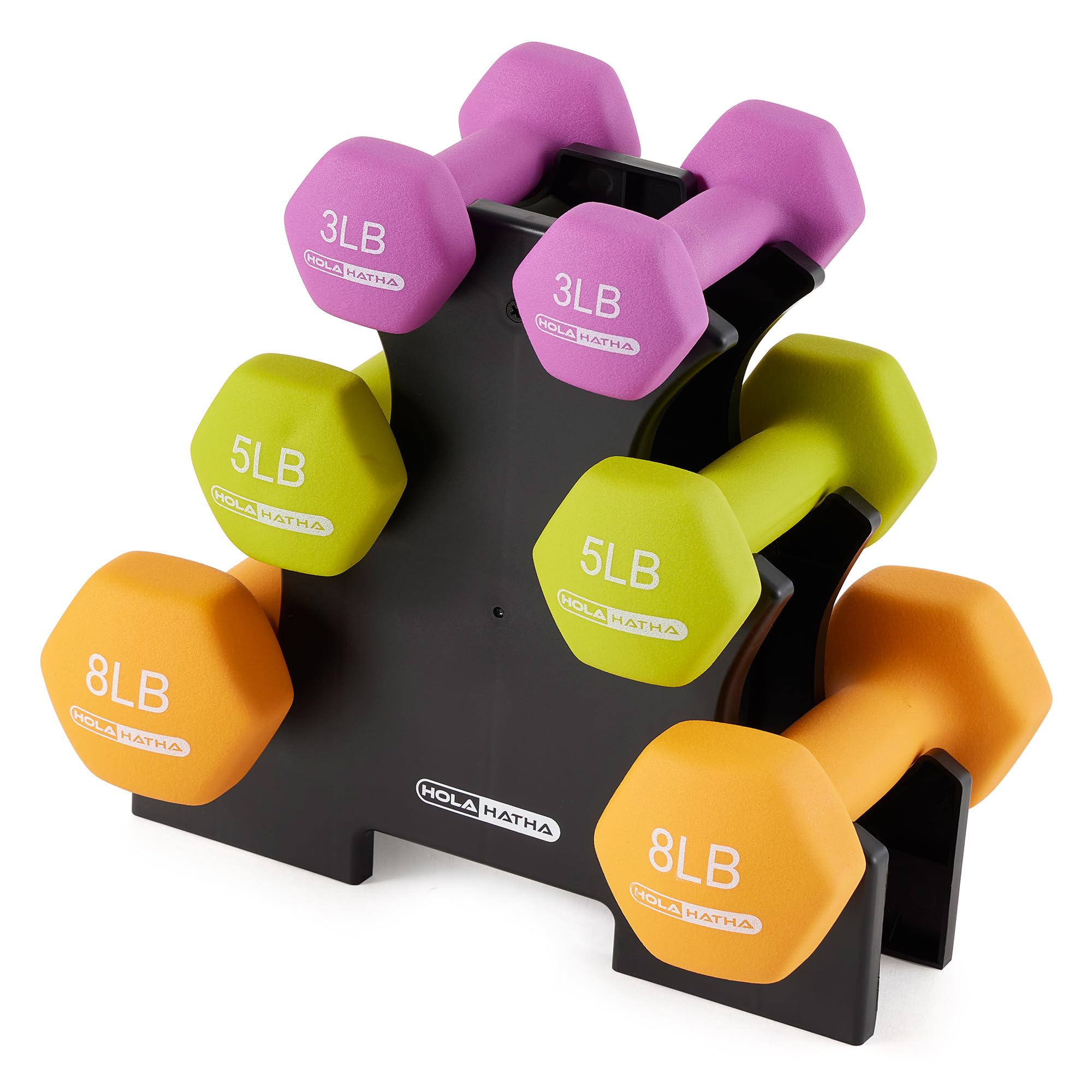 HolaHatha 3Lb, 5Lb & 8Lb Hex Dumbbell Set with Rack Stand, Ideal Strength Weight Training for Ladies, Women’s Weights Perfect Home Workout Gym Exercises for Muscle Toning Fitness