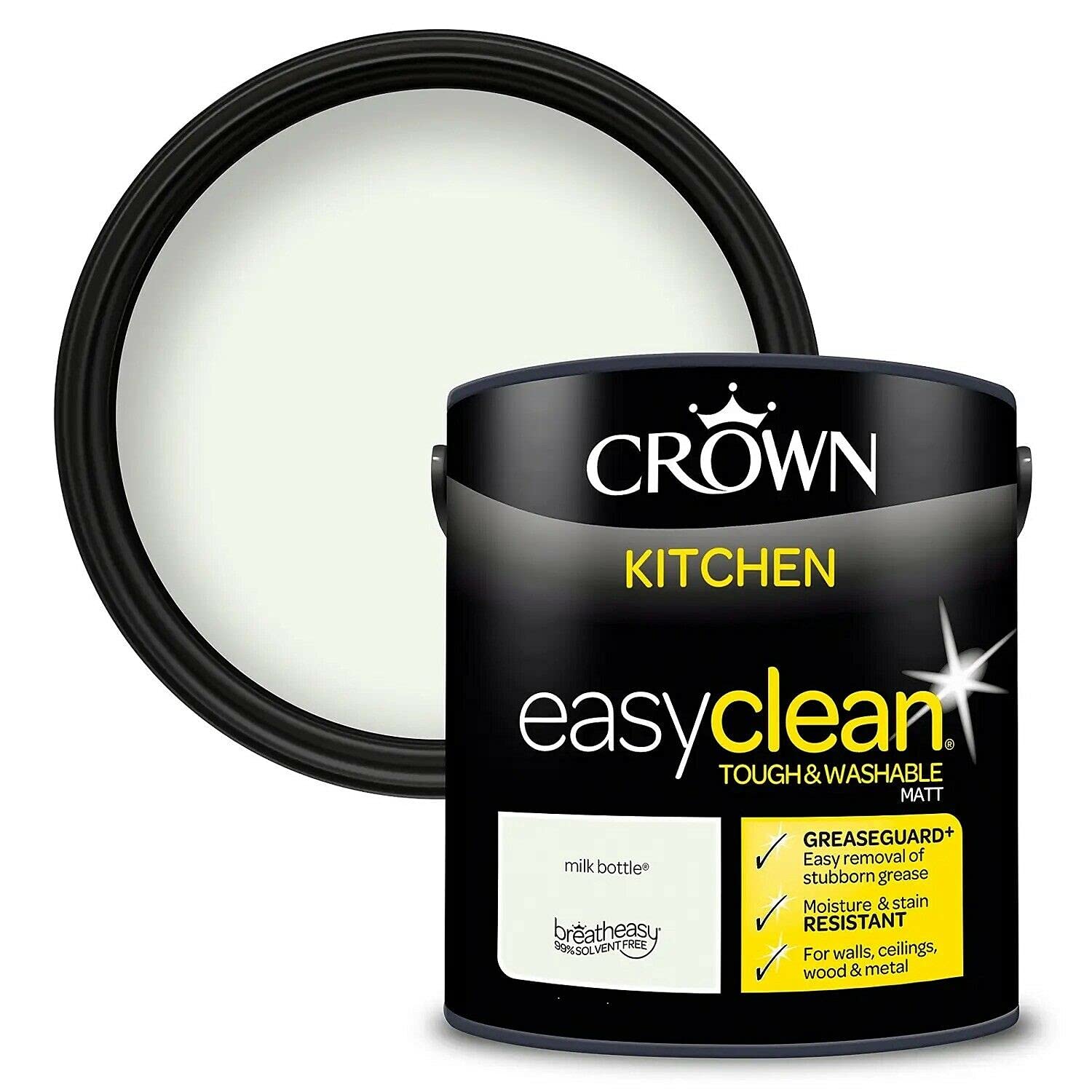 2.5L CROWN Easyclean Kitchen MATT Emulsion Multi Surface Paint With GREASEGUARD+ That can be Used on Walls, Ceilings, Wood and Metal. Stain & Scrub Resistant Formula – Milk bottle