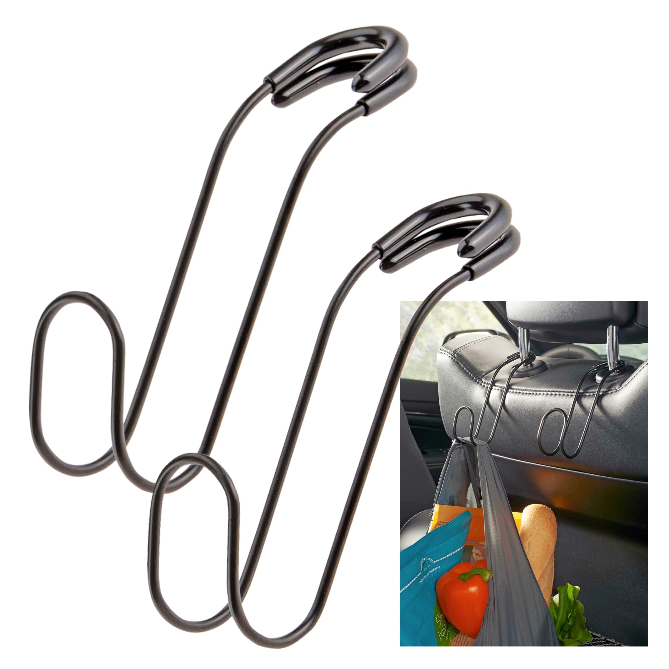 High Road Metal Car Hooks for Purses and Bags - Unbreakable Headrest Car Hooks for Large Purse Straps and Heavy Bags up to 40 lbs - Secure Attachment Loops Fit All Headrest Posts, 2-Pack