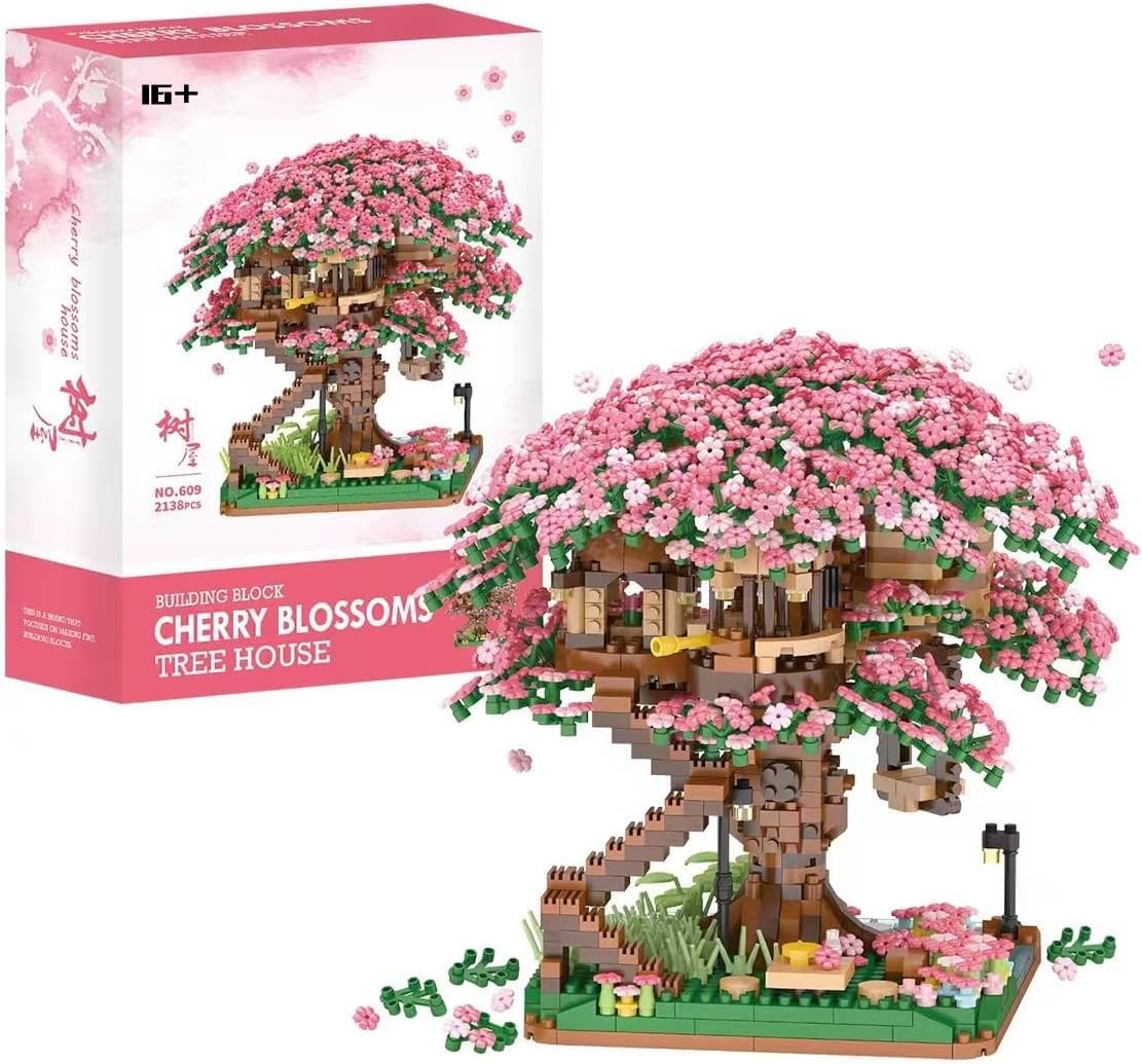 FULHOLPE Street View Cherry Bonsai Tree Bricks Model Set, 2138Pcs DIY Sakura Tree House Building Block Assembly Mini Particle Construction Toy - Not Compatible with Major Brands