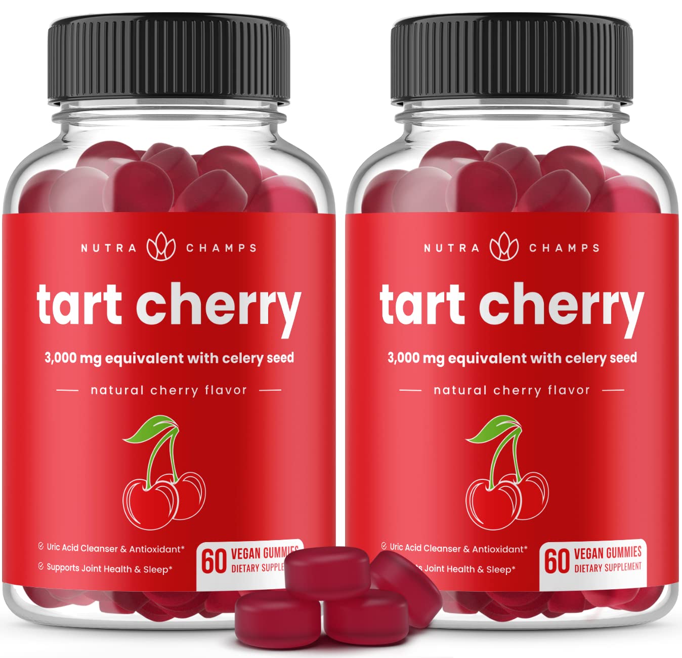 NutraChamps Tart Cherry Gummies - 3000mg Tart Cherry Extract with Celery Seed - Uric Acid Cleanse Supplement - Antioxidant, Joint Comfort, Flexibility, Immune Health, Sleep - 60 Vegan Gummies (2-Pack)