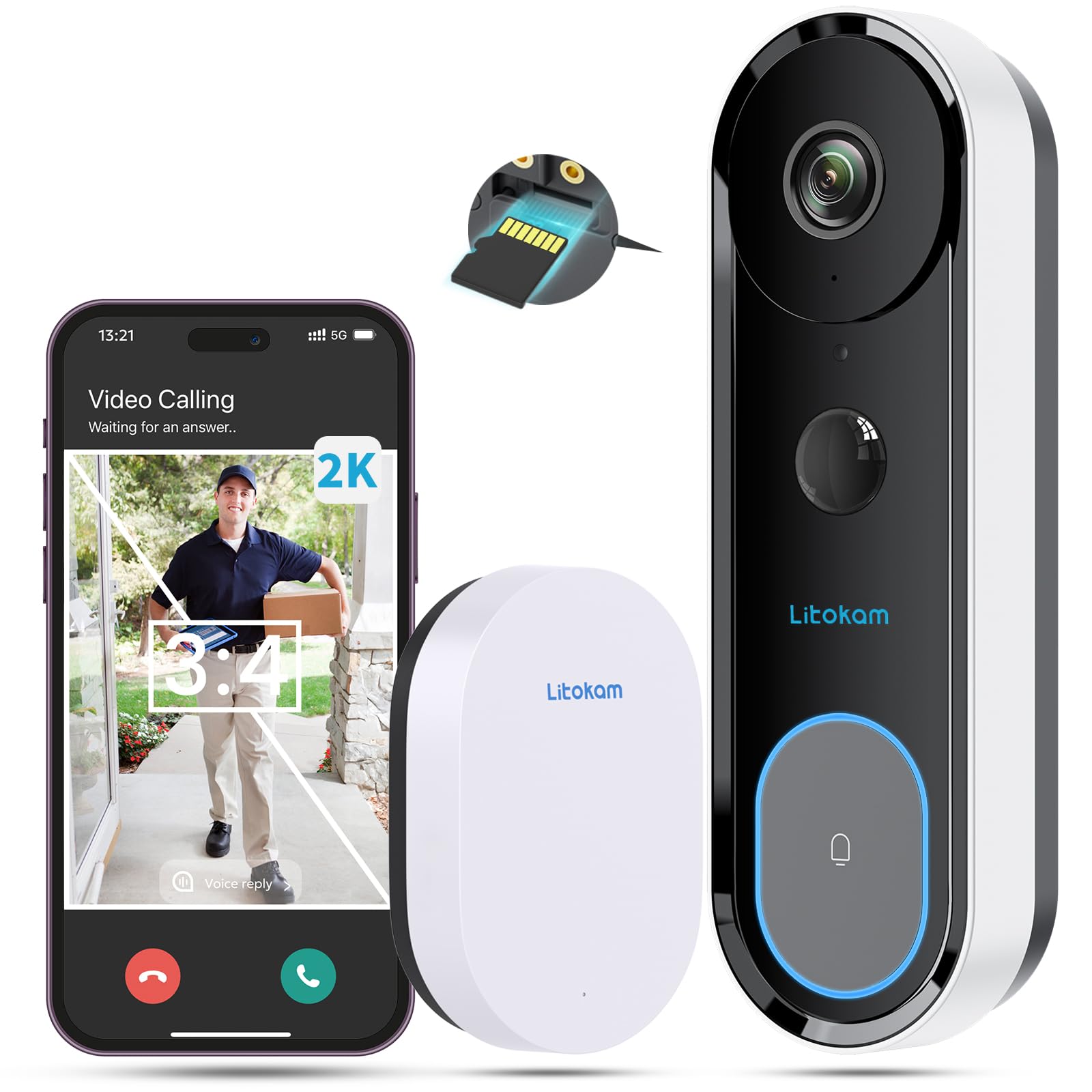 litokam2K Video Doorbell Camera, Battery Powered Doorbell Camera Wireless with Chime, 3:4 Ratio Head-to-Toe, Super 170° Wide View, 2.4Ghz WiFi, No Monthly Fees, AI & PIR Detection, Voice Changer