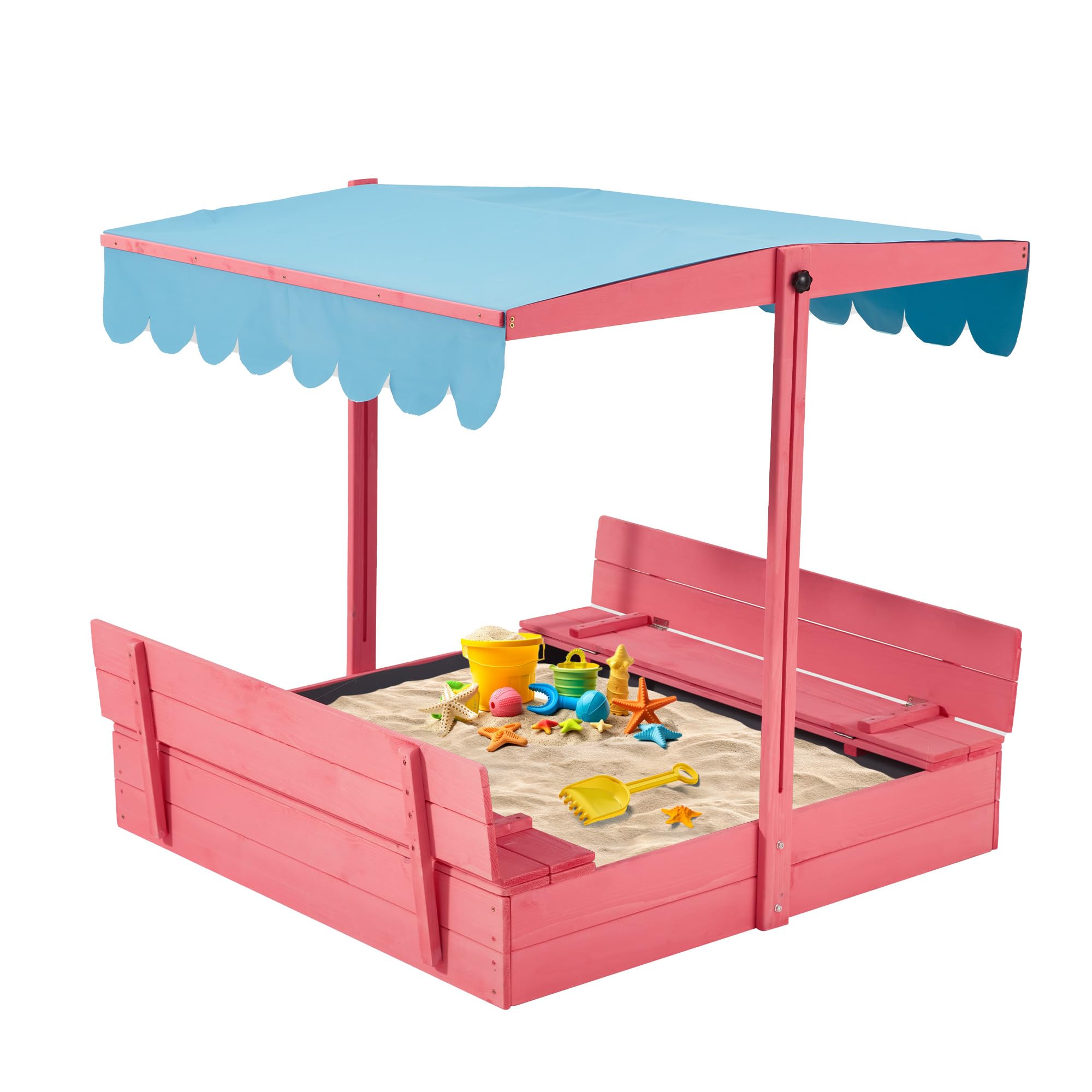 YOLENY Sandbox with Lid, Kids Sandbox with Cover and Height Adjustable Roof, Outdoor Sandbox with Foldable Bench Seats and Sand Protection Liner for Aged 3-8, Perfect for Backyard, Beach, Lawn, Pink