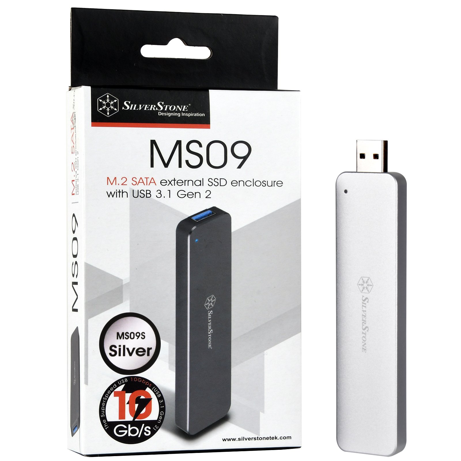 SilverStone Technology M.2 SATA SSD to USB 3.1 Gen 2 Enclosure with retractable aluminum USB Type-A Housing in Silver MS09S