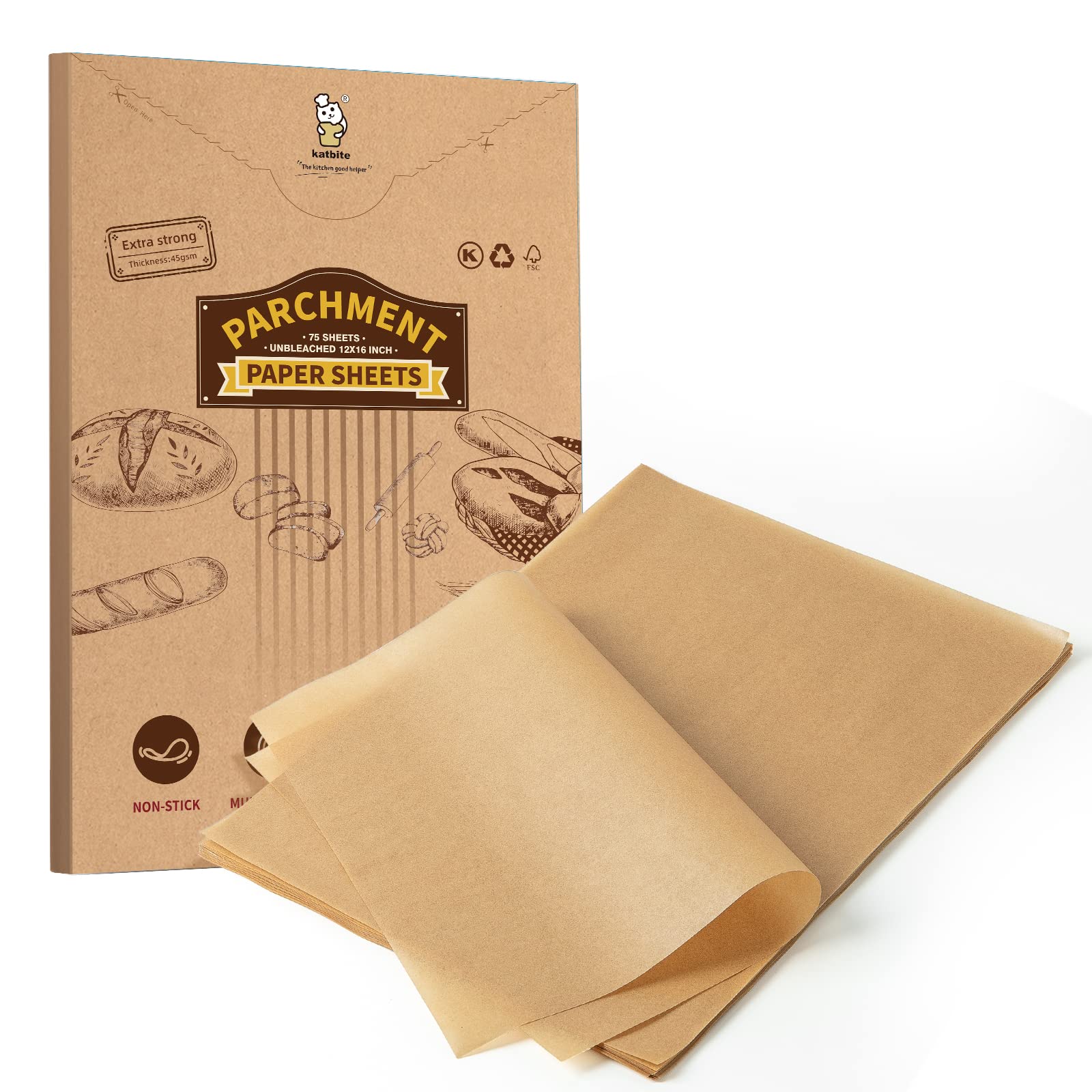 Katbite 75Pcs 12x16IN Unbleached Parchment Baking Paper, Heavy Duty Pre-Cut Parchment Paper Sheets, Half Sheet Brown Non-Stick Baking Parchment Paper for Air Fryer, Baking Cookie Pans, Oven