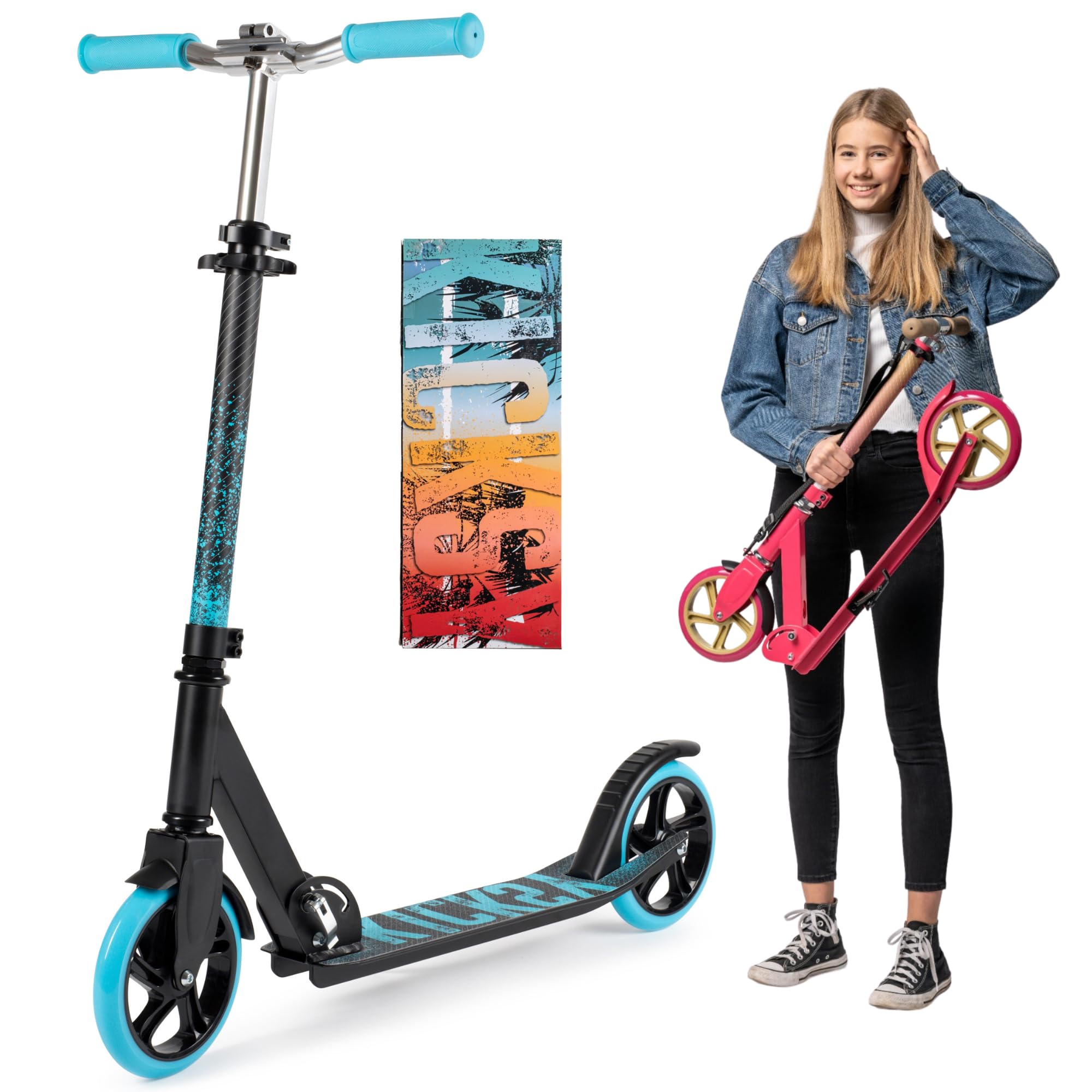 Kicksy - Kick Scooter for Kids Ages 6-12 & Scooter for Teens 12 Years and Up- Big Wheel Scooter for Stability - 2 Wheel Scooter for Boys & Girls- Foldable Kick Scooter Adult - Up to 220 lbs