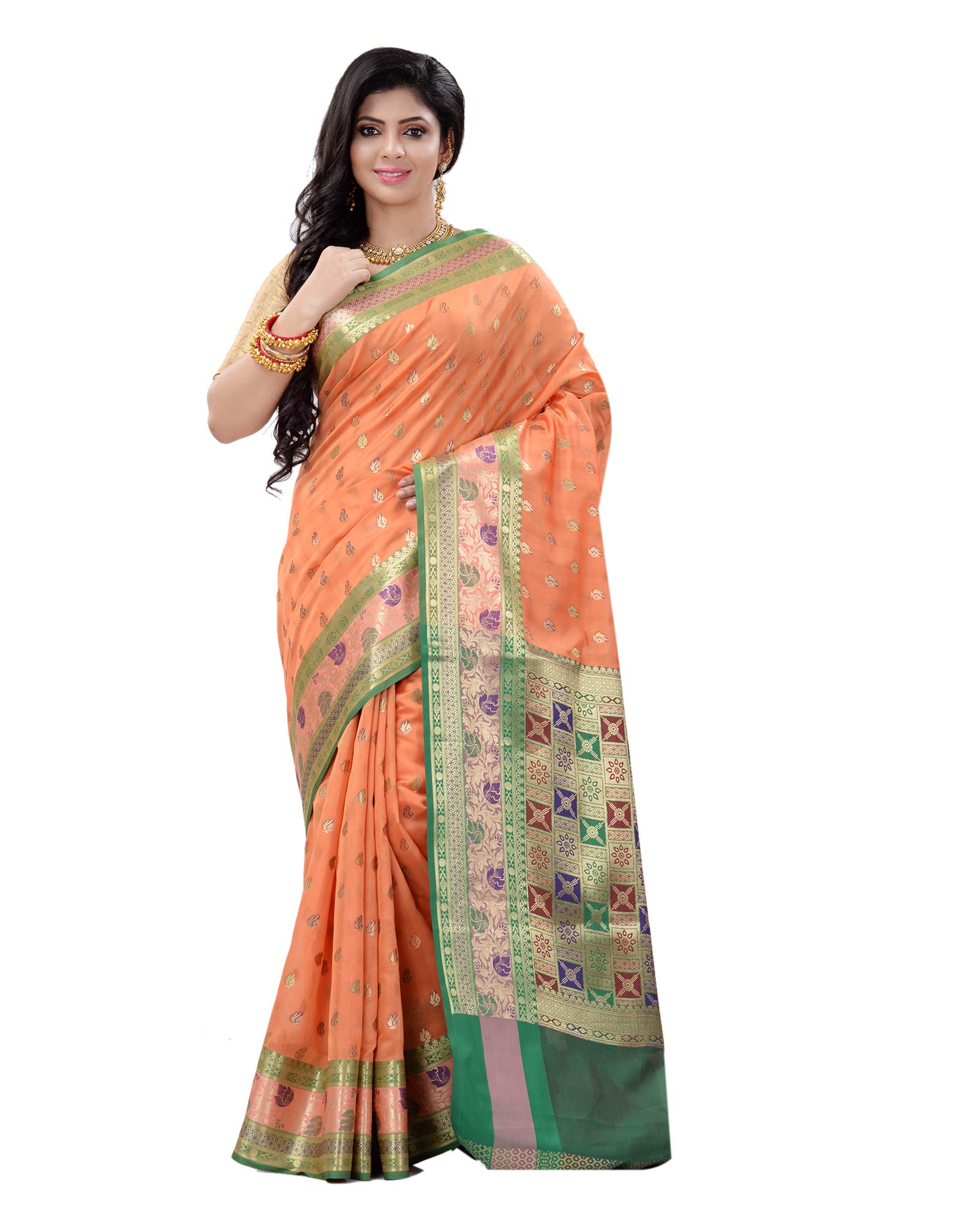 Naeusa Banarasi Mina Border Tilfi Booti Chanderi Jamevar Jamdani Jacquard Saree BTC-AN6 PEACH