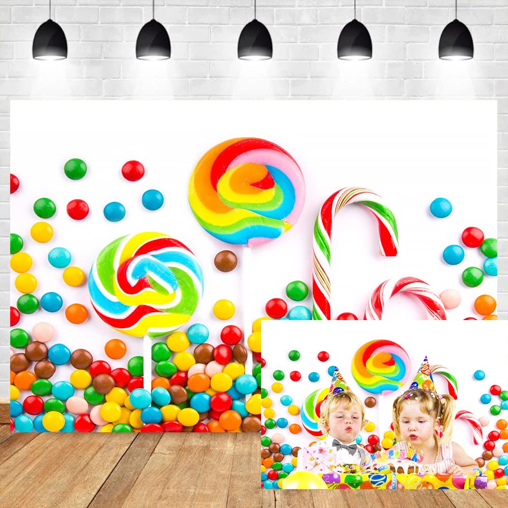 DORCEV 7x5ft Candy Birthday Backdrop Sweet Colorful Lollipop Cane Candy Photography Background Girls Boys Happy Birthday Party Newborn Baby Shower Banner Decorations Vinyl Video Shoot Props