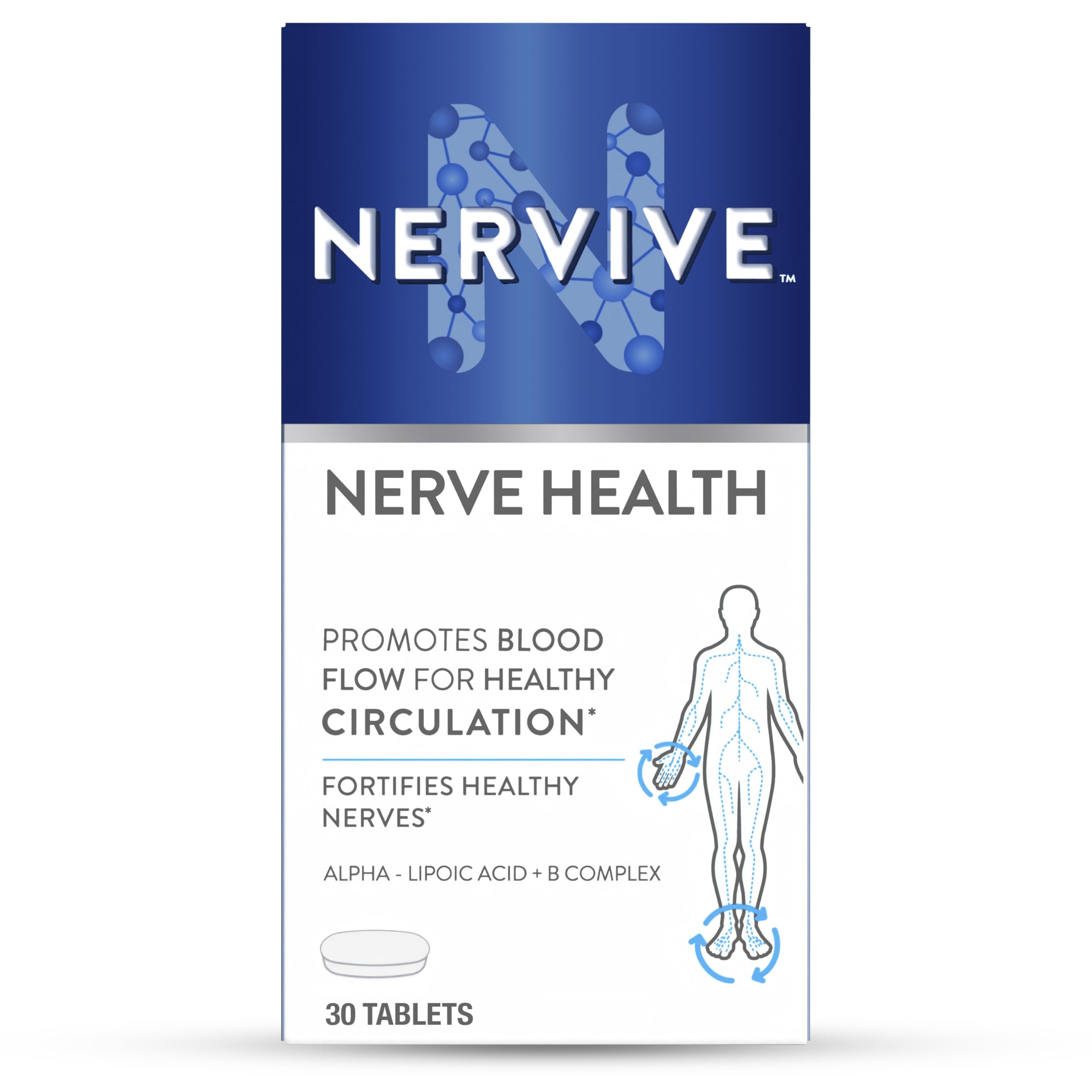 Nervive, Nerve Health for Nerve Support, Alpha Lipoic Acid, ALA, Vitamins B1, B6, B12, Healthy Nerve Function in Fingers, Hands, Toes, and Feet, 30 Day Supply, 30 Tablets