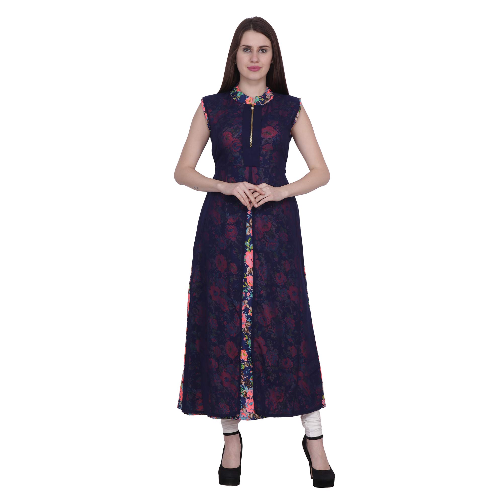 SHYAMMC Mylookup Blue Florals Printed Crepe with Blue Georgette Zip Dress for Women