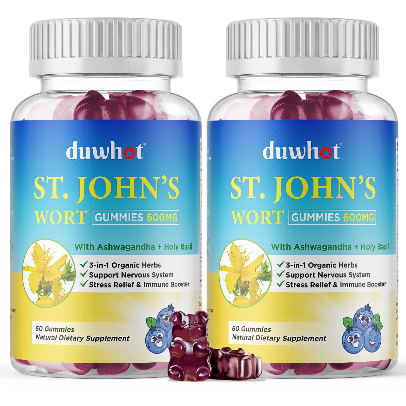 duwhot St John's Wort Gummies 600mg, 3 in 1 Organic Herbal Supplements for Stress Relief, Nervous System Support, with Ashwagandha & Holy Basil Extract for Adults & Kids, Non-GMO, Vegan, 120 ct.