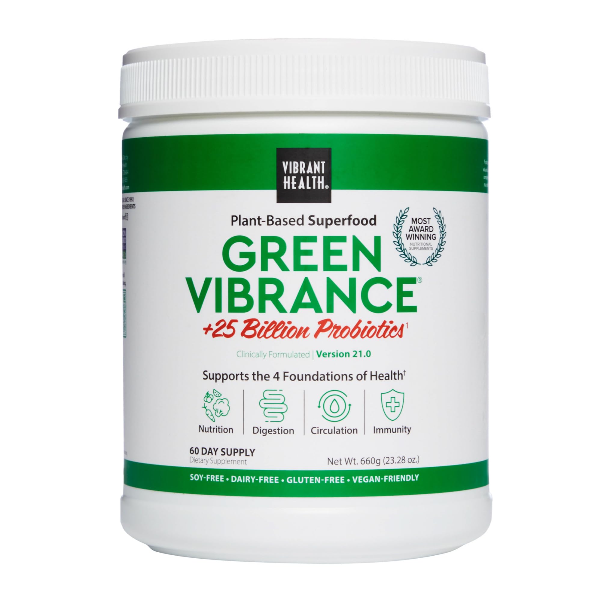 - Green Vibrance, Plant-Based Superfood to Support Immunity, Digestion, and Energy with Over 70 Ingredients, 25 Billion Probiotics, Gluten Free, Non-GMO, Vegetarian, 60 Servings (FFP)