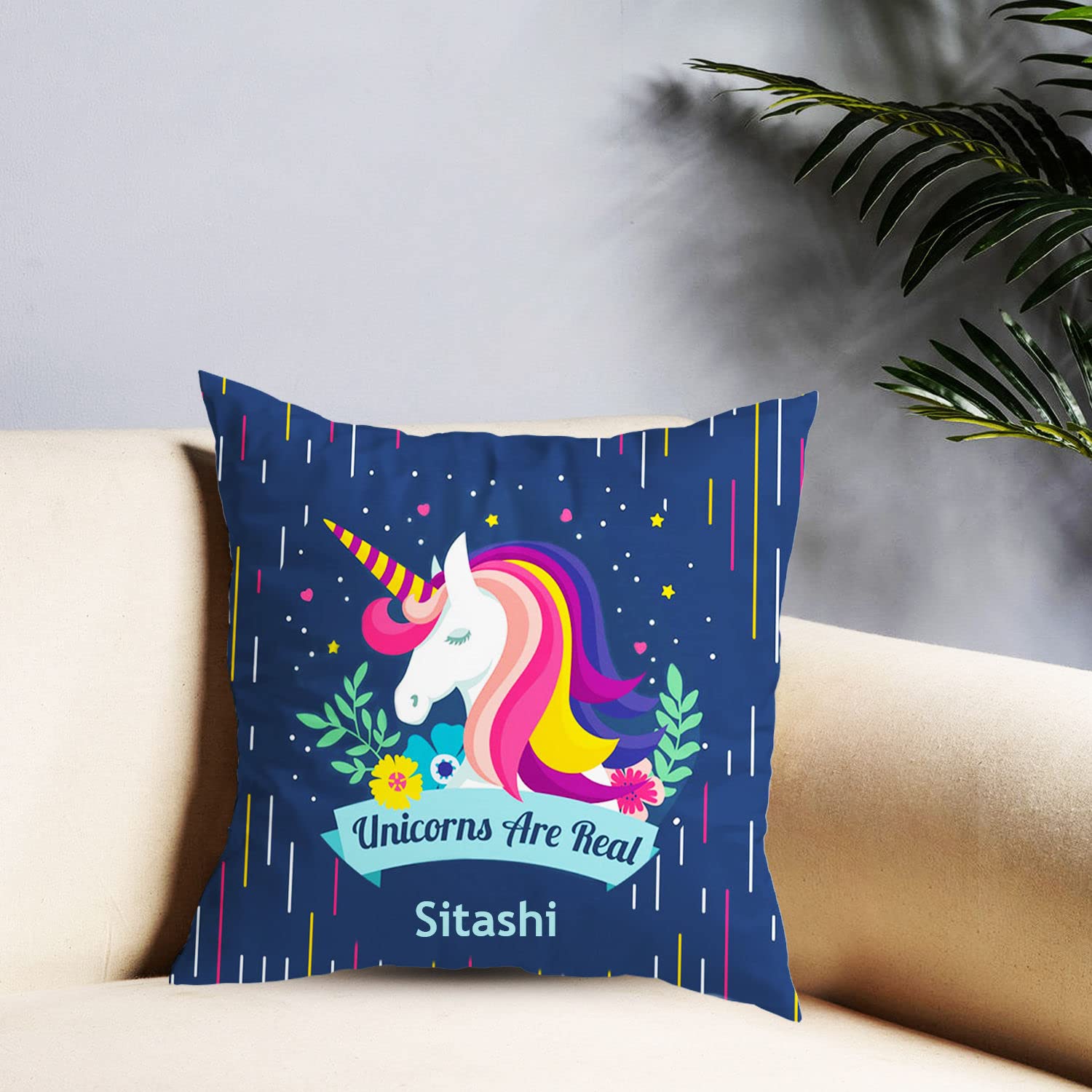 ARTBUG Sitashi Name Unicorn Printed Cushion/Pillow with Fiber Filler - Happy Birthday Return Gifts for Girls, Kids, Daughter, Friends - Color - Blue - Size - 12 x 12 inches, Polysilk