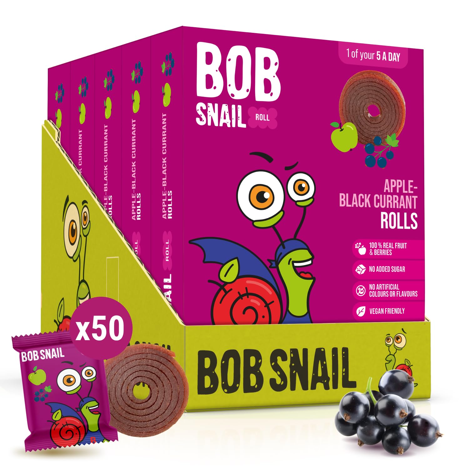 Bob Snail Healthy Snacks 50pcs, 500g - Fruit Roll with Blackcurrant - No Added Sugar