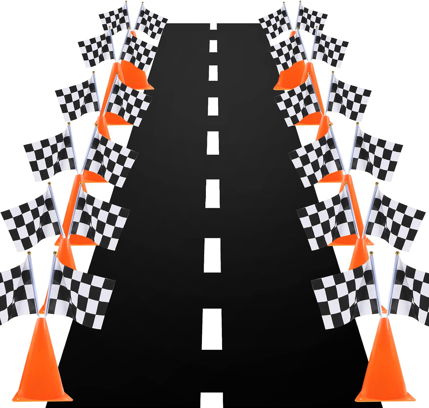 YOELVN 7inch Orange Racing Traffic Cones Party Decoration with Racing Checkered Flags,11inch Safety Sport Training Plastic Cones with Racing Flags,Race Car Birthday Party Supplies,Racing Themed Party