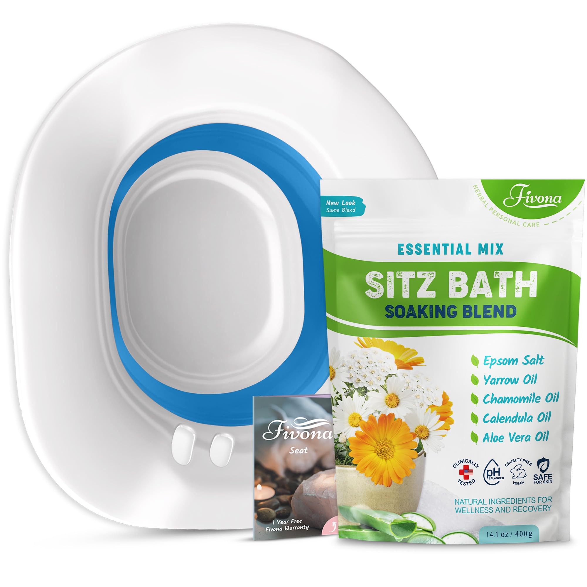 Fivona 2-in-1 Sitz Bath Soak Kit Over The Toilet Seat with Epsom Salt with Essential Oils Blend for Hemorrhoids and Postpartum Care Ideal for Perineal Soaking and Fast Irritation Relief