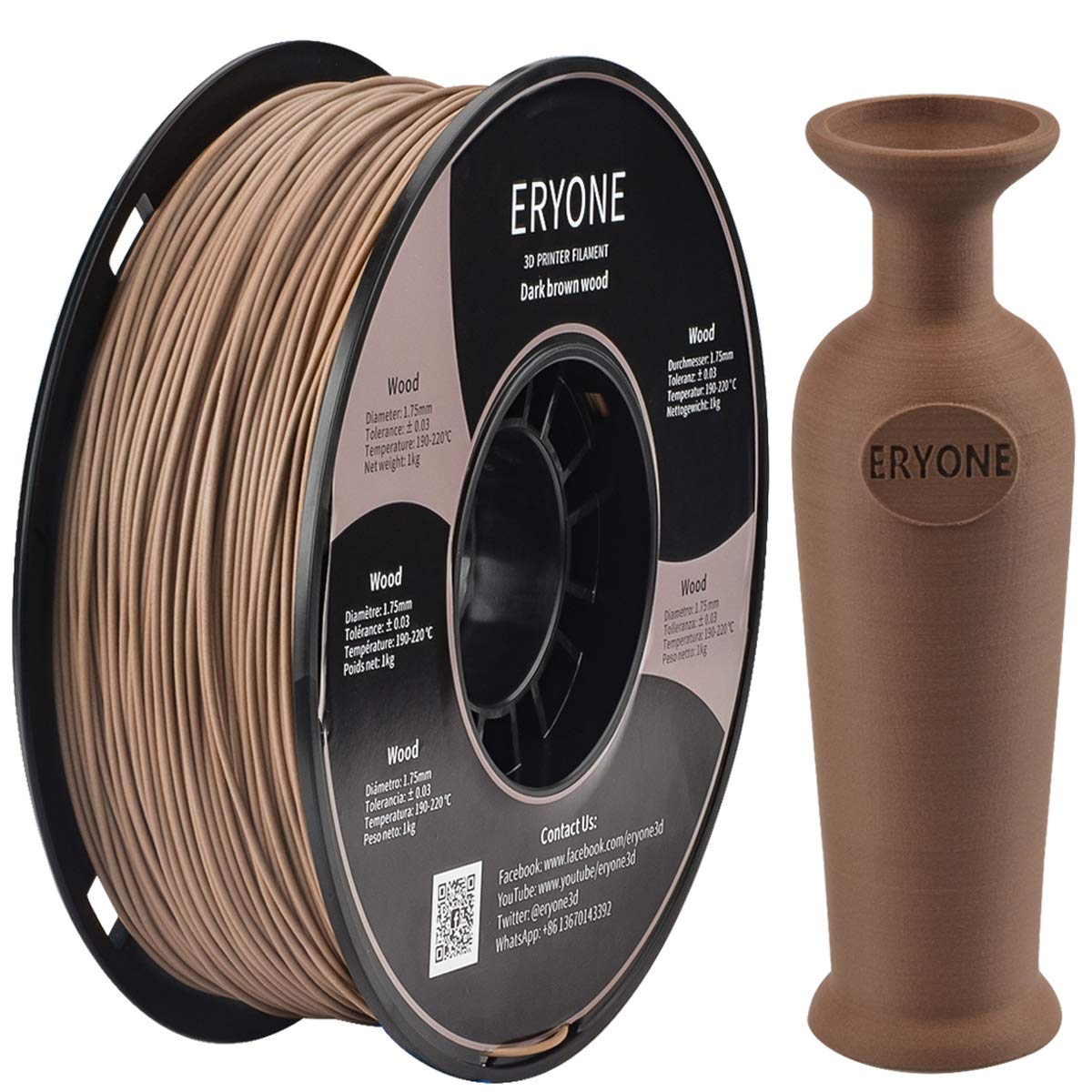 ERYONE Filament PLA 1.75 mm, Special 3D Printing PLA Filament 1.75 mm for 3D Printers and 3D Pens,+/-0.03mm 1kg (2.2lbs)/Spool, Dark Wood