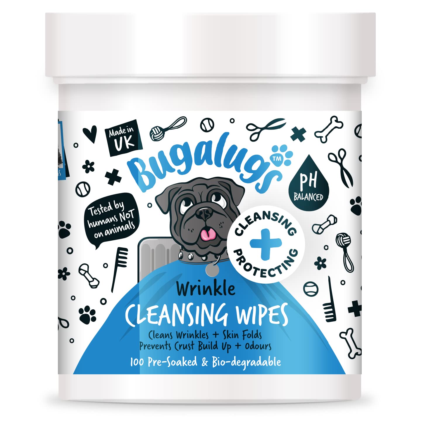 BUGALUGSWrinkle Dog Wipes for pawly skin - 100 Biodegradable dog grooming pet wipes. Use as Dog ear wipes, dog eye wipes, dog face wipes, Paw & Bum wipes for puppy, dogs & cat grooming