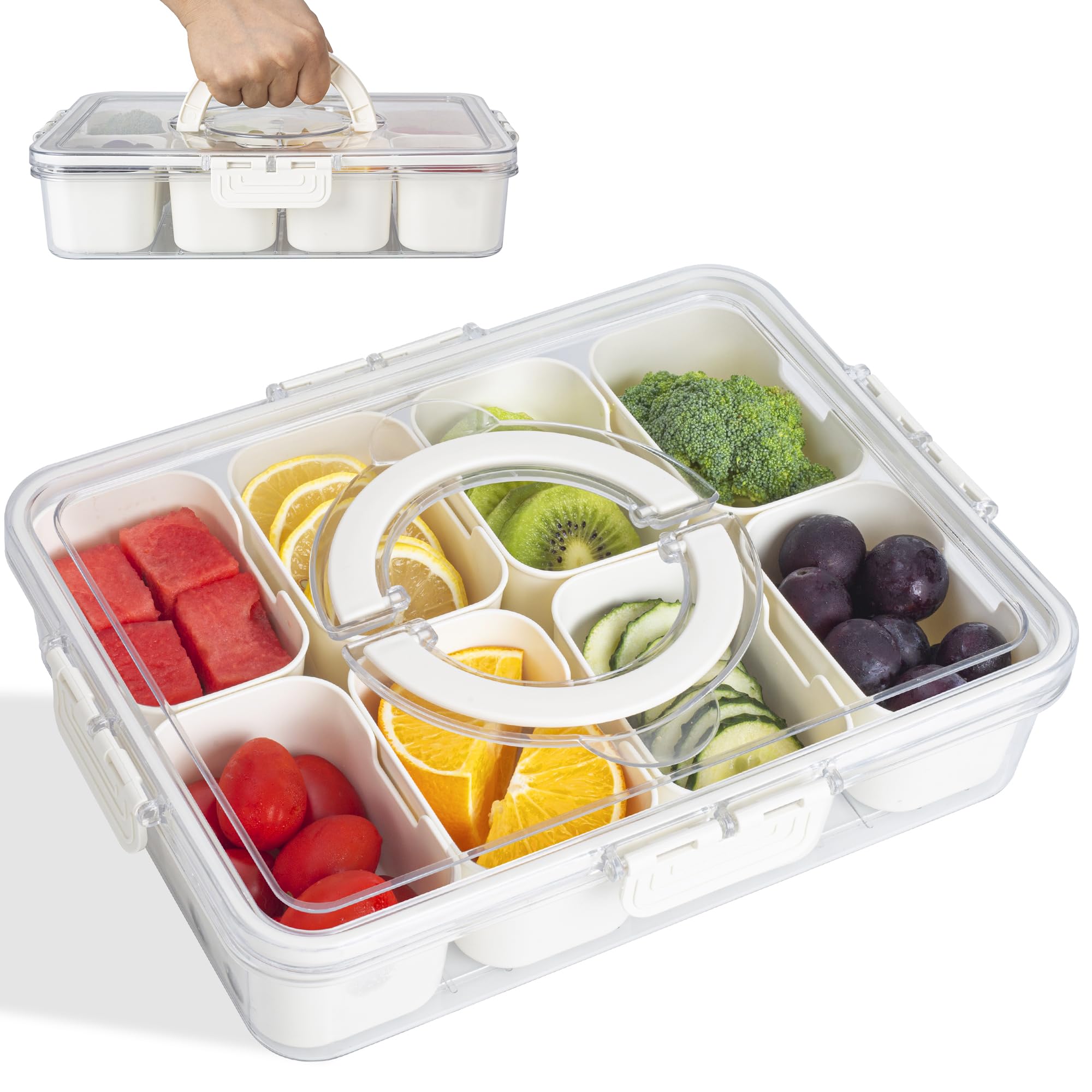 Divided Serving Tray with Lid and Handle, Snackle Box Snack Containers Organizer for Food Pans Charcuterie Sandwich Station Veggi Fruit Vegetable Candy Food Storage for Travel Beach