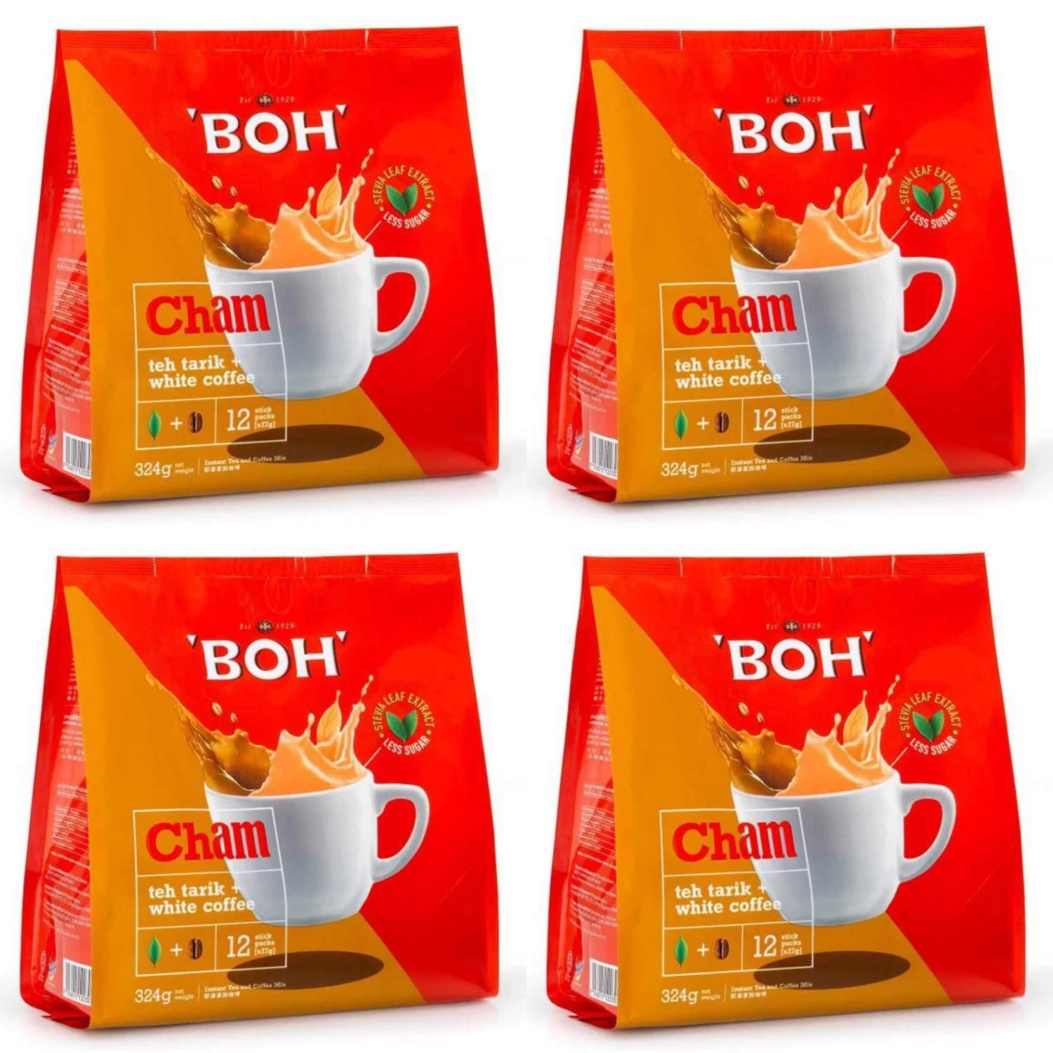 4 Pack BOH Cham (Milk Tea Teh Tarik + White Coffee) Imported from Malaysia (4 x 12 Sachets)