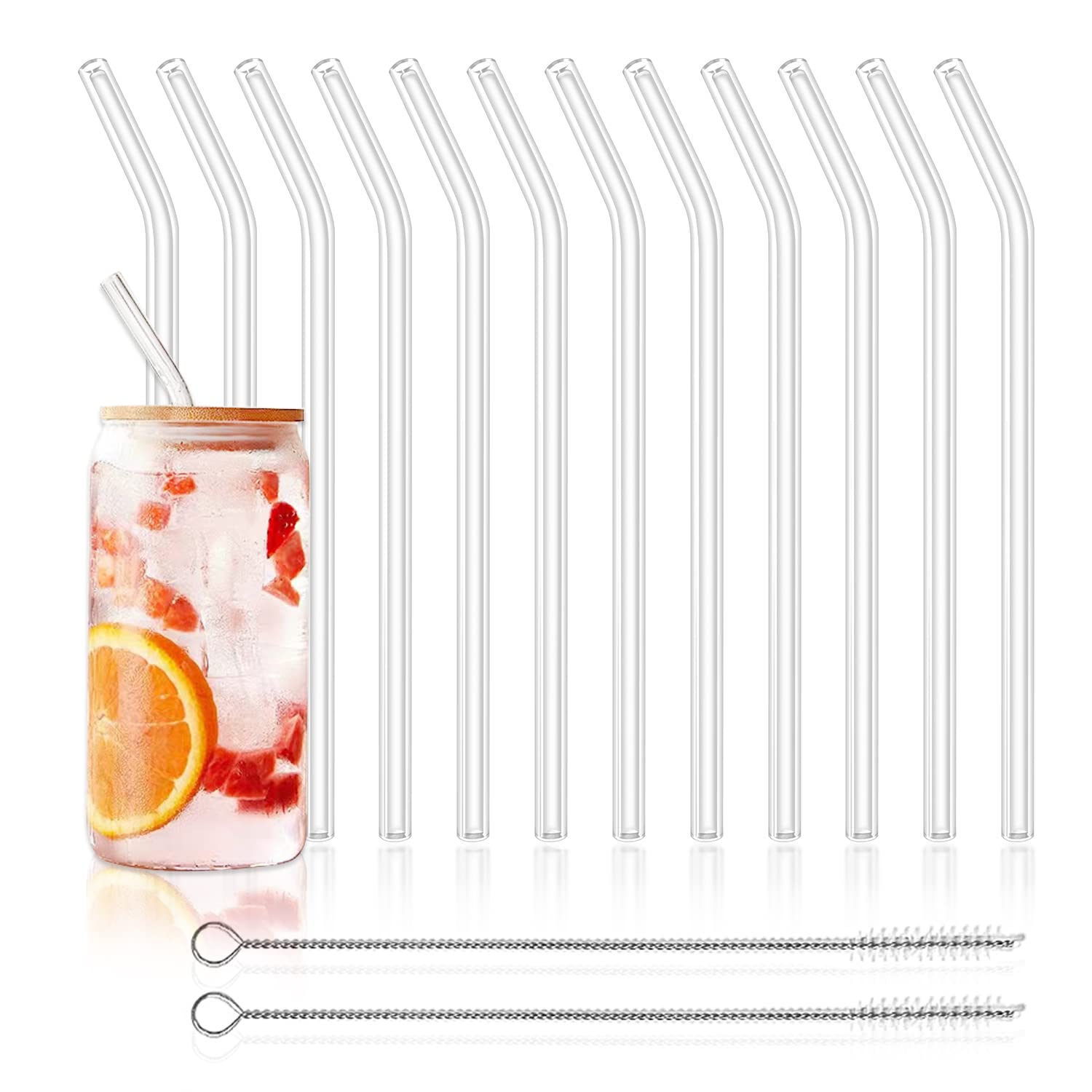 12 Pack Reusable Glass Straws - 8" x 8 MM, Bent Glass Drinking Straws with 2 Cleaning Brushes, Reusable Straws for Smoothies, Milkshake, Frozen Drinks, Tea, Juice