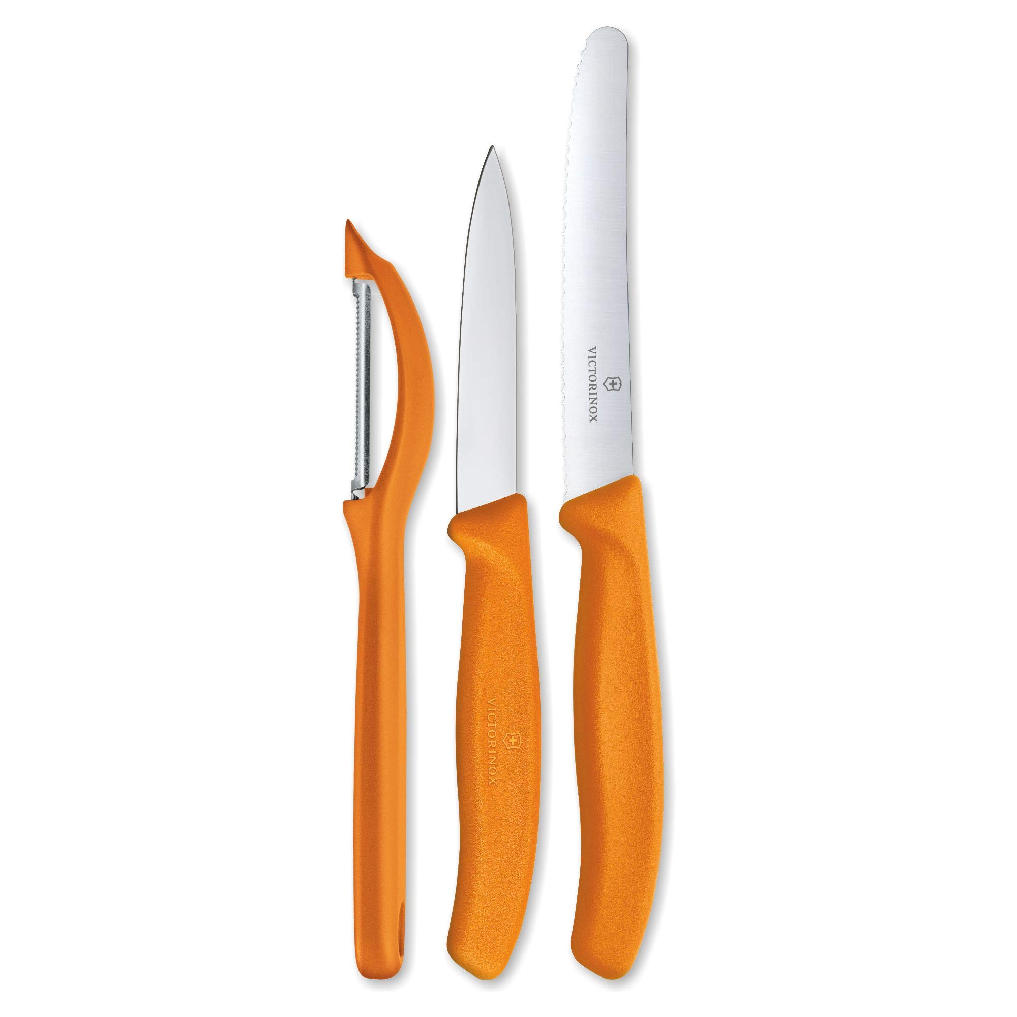 Victorinox Swiss Made Stainless Steel Swiss Classic Kitchen Knife Set of 3, Straight Edge and Wavy Edge Knife with Multipurpose Peeler, Professional and Household Use, Orange | 6.7119.31