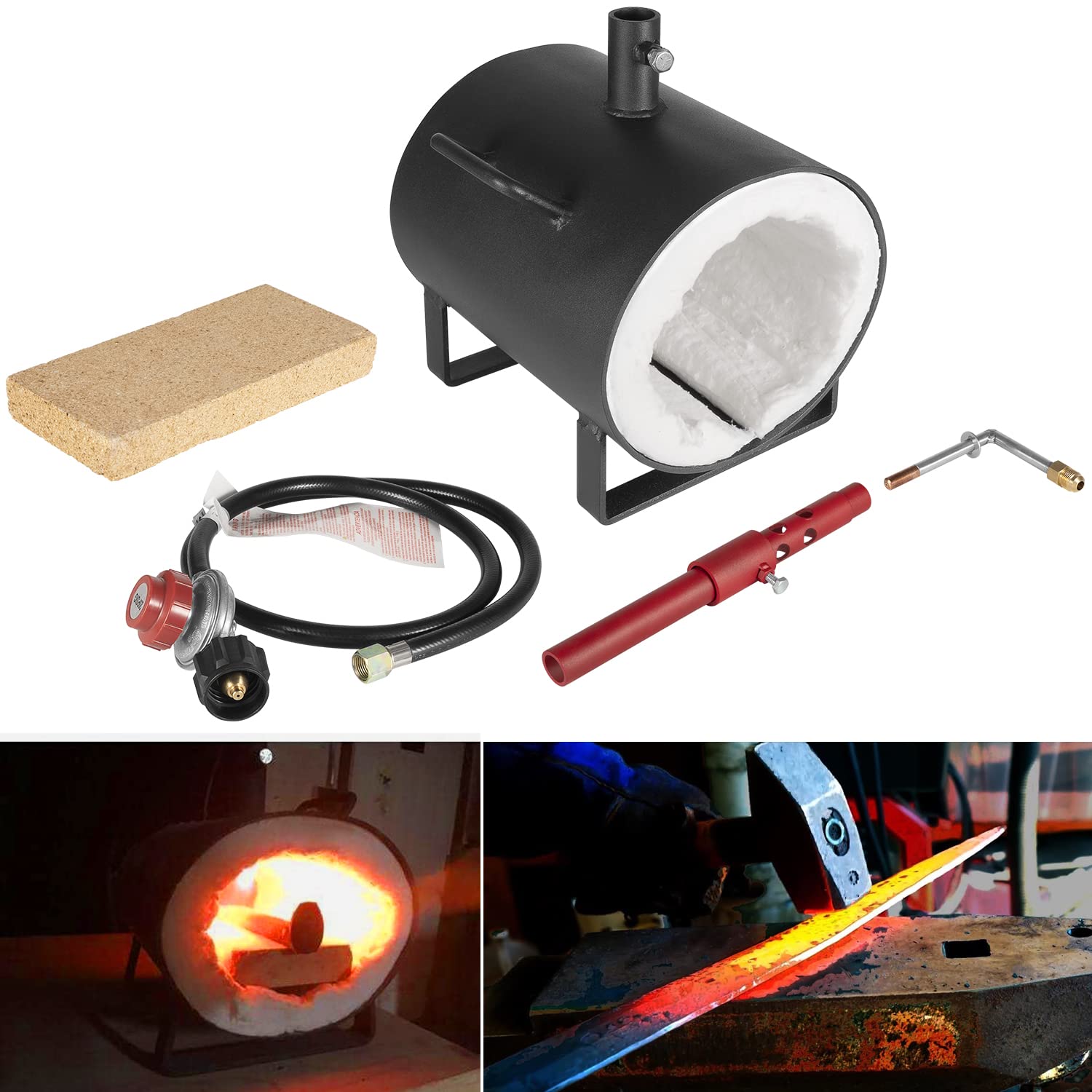 Propane Gas Forge Single Burner, Blacksmithing Forge Portable for Knife & Tool Making, Farrier Forging Blacksmith Tools Equipment Rolled Steel Large Capacity Oval Forge