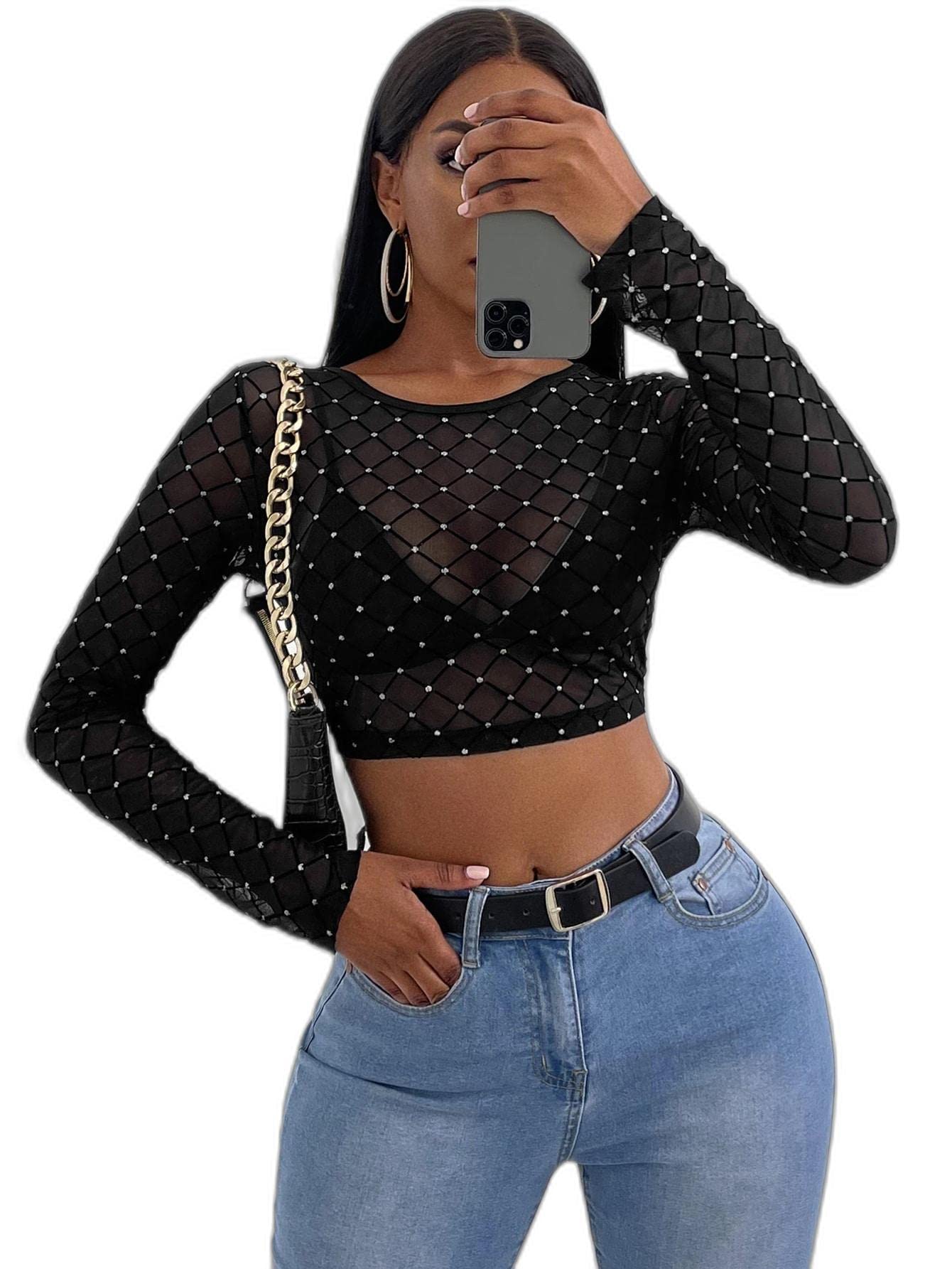 Women SXY Rhinestone Sheer Crop Top