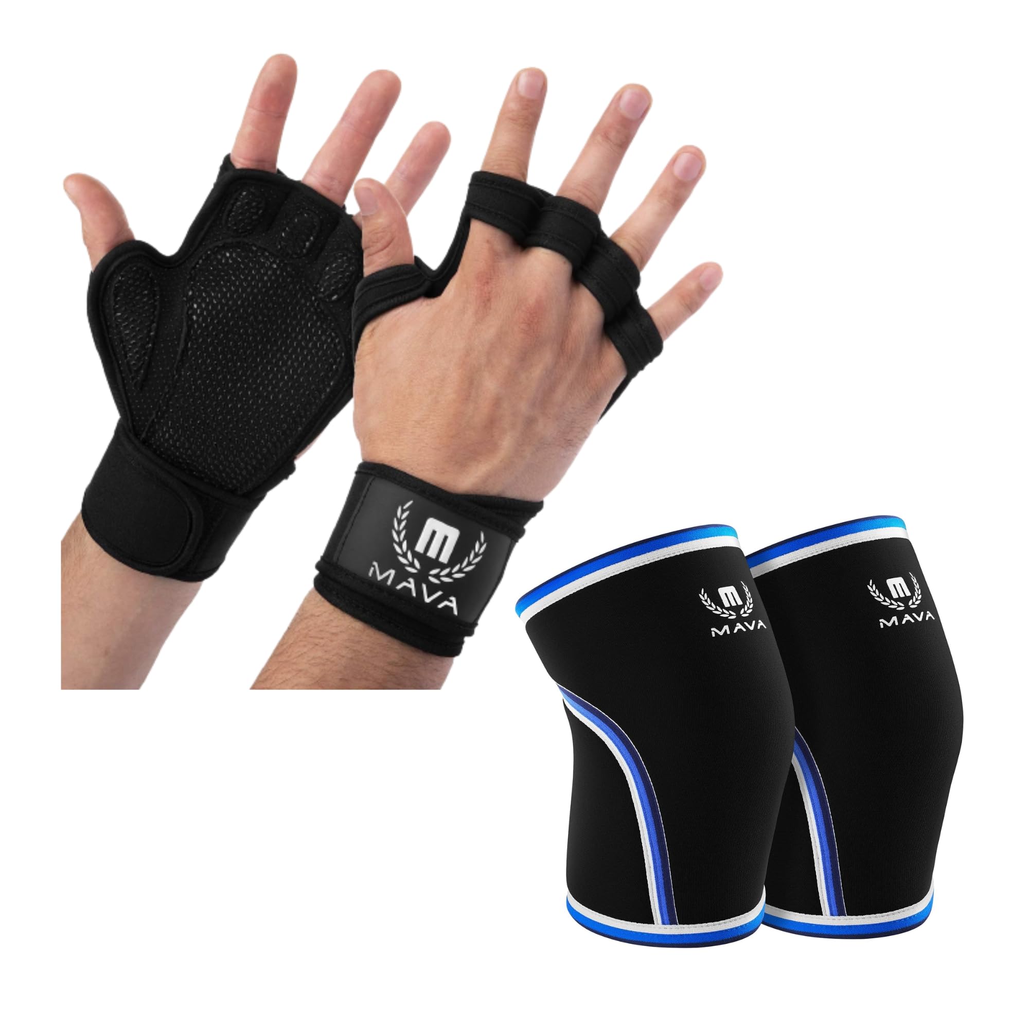 Mava Sports Ventilated Weightlifting Workout Gloves with Wrist Support for Men and Women Knee Compression Sleeves for Weightlifting, WOD, Gym Workout, Powerlifting (Black L)