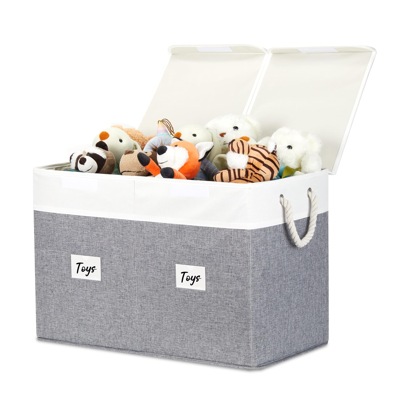 TemaryLarge Fabric Storage Bin with Lids, Collapsible Storage Organizer with Handles, Storage Basket Fabric Box for Shelf, Home, Closet, Bedroom, 24 ½"x13 x16 (White&Grey)