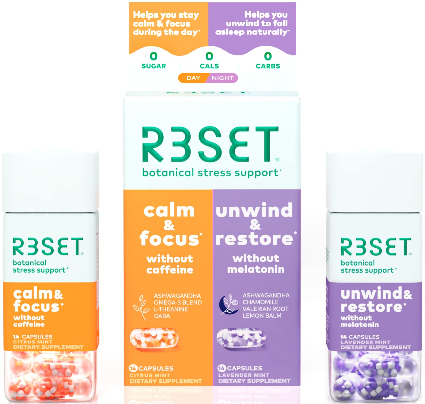 R3SET Day & Night Combo Pack, Calm & Unwind & Sleep Support Supplements, 28 Veg Capsules