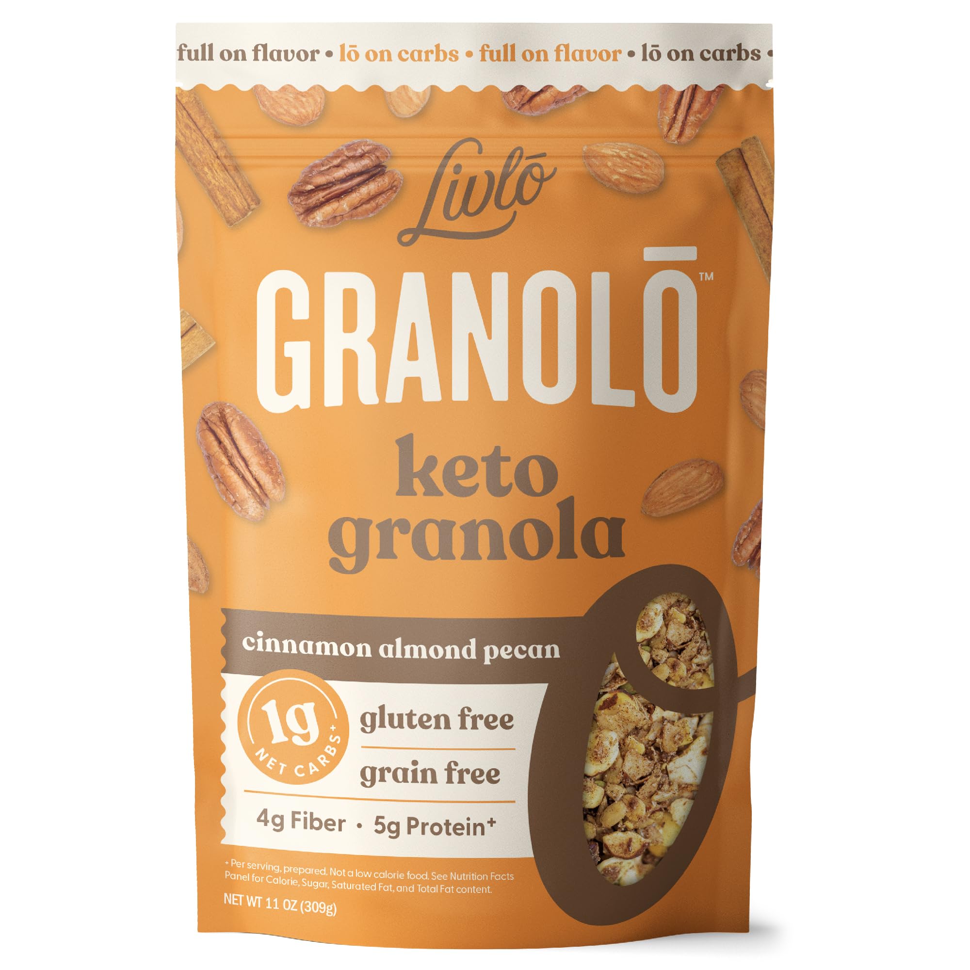 Livlo Keto Nut Granola Cereal - 1g Net Carbs - Grain Free & Gluten Free - Keto Friendly Low Carb Healthy Snack - Paleo & Diabetic Friendly Food - Cinnamon Almond Pecan, 11oz …