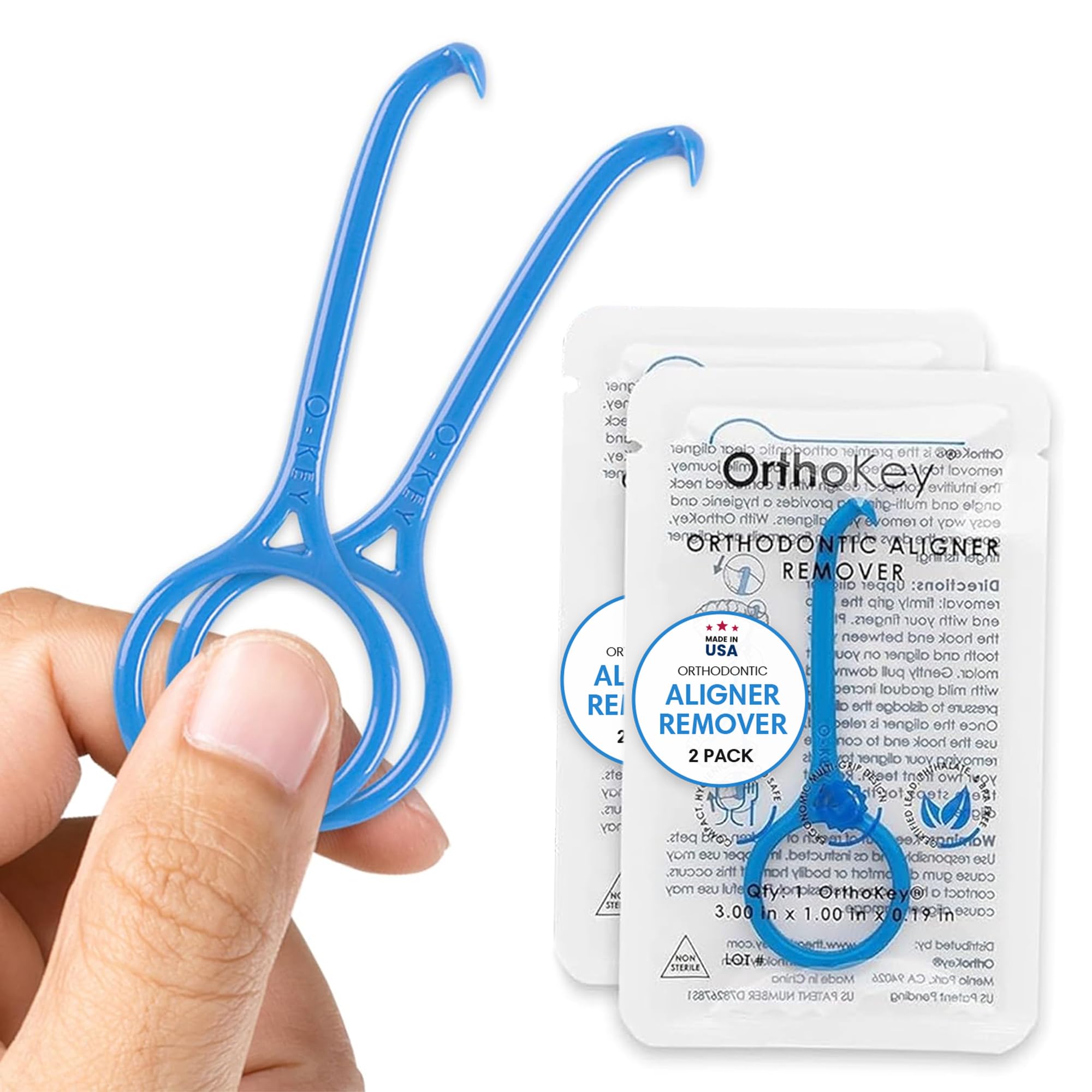 OrthoKeyClear Aligner Removal Tool | Invisible Removable Braces, Denture, Brackets, Retainer Remover Key | Personal Orthodontic Supplies, Dental-Grade for Ortho Cleaning & Travel Use | (2-Pack) Blue