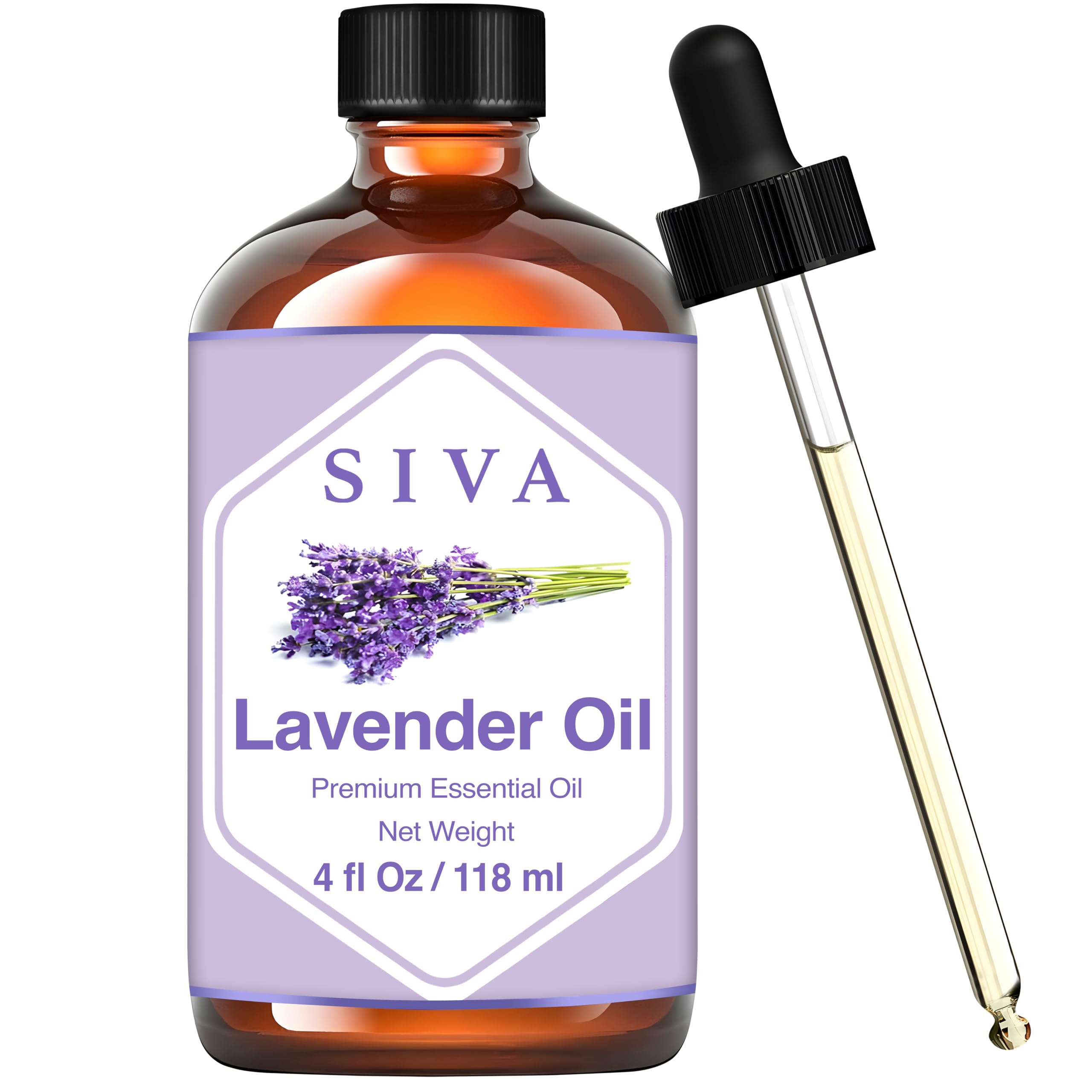 Siva Lavender Essential Oil 4 Fl Oz with Glass Dropper – 100% Pure, Natural, Undiluted & Therapeutic Grade, Amazing for Skin & Hair Care, Diffuser, Aromatherapy, Massage, DIY Soaps & Candles