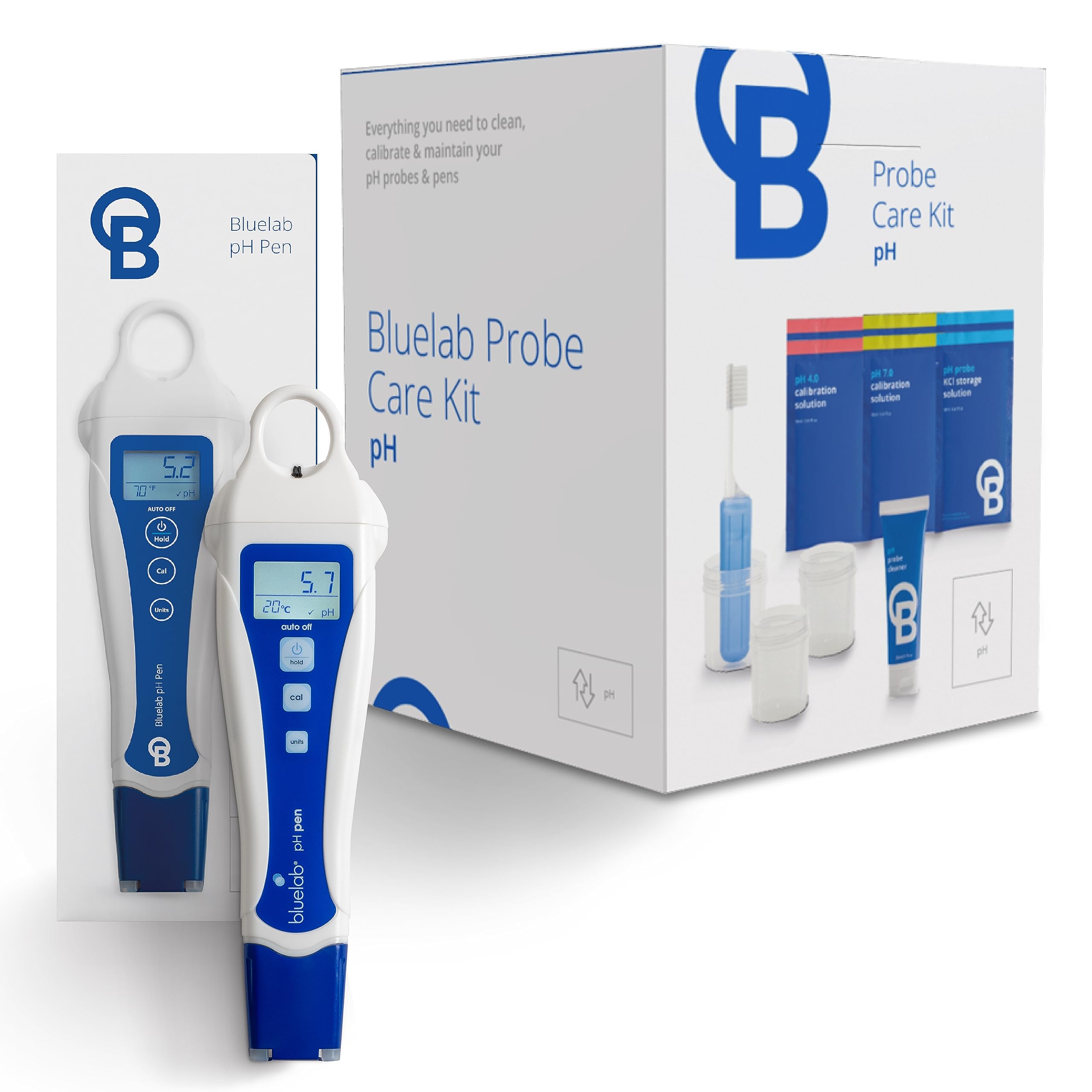 Bluelab pH Pen Meter and Probe Care Kit pH with Calibration Supplies, Storage Solution & Brush, Reliable Digital Tester for pH, Temperature in Soil and Solutions, Optimal Plant Health and Yield